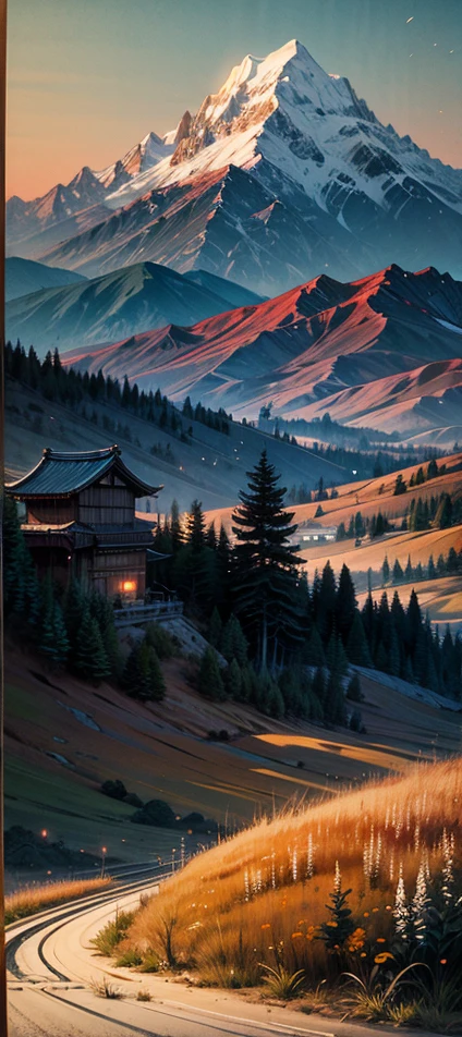 (Masterpiece, best quality: 1.2), (No_Humans), mountains in the distance, traditional Japanese ink painting, houses, mill, meadows, sunset, perfect lights