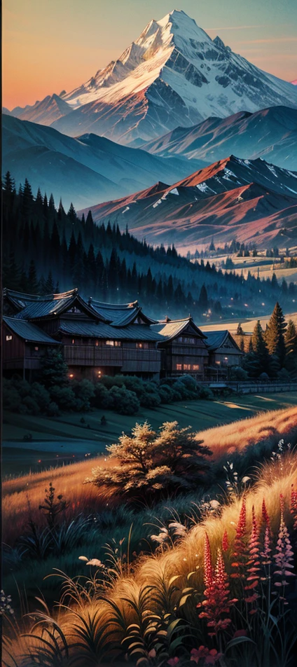 (Masterpiece, best quality: 1.2), (No_Humans), mountains in the distance, traditional Japanese ink painting, houses, mill, meadows, sunset, perfect lights