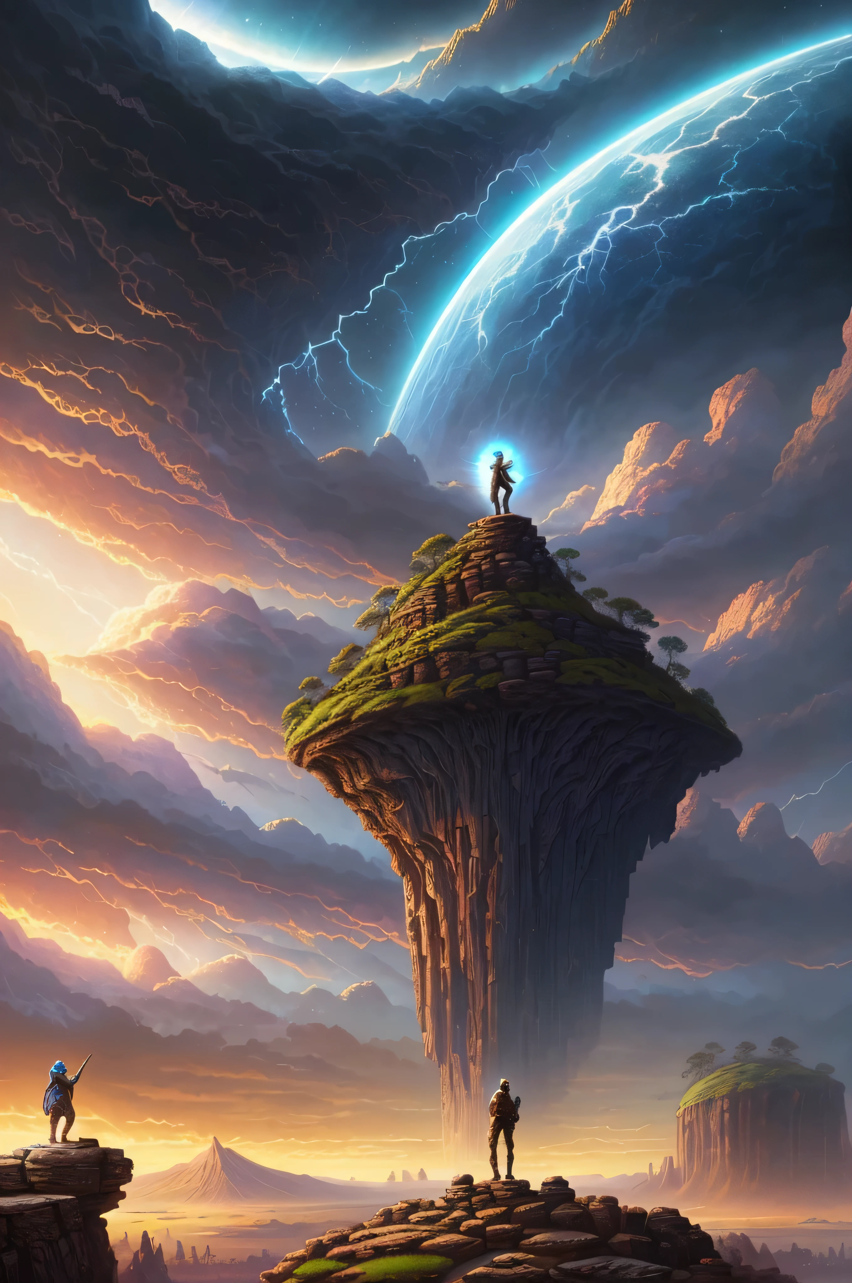 arafed image of a man standing on a rock looking at a planet, epic fantasy sci fi illustration, fractal thunder dan mumford, wide angle fantasy art, inspired by Johfra Bosschart, fantasy epic digital art, epic fantasy illustration, detailed fantasy digital art, by Johfra Bosschart, epic fantasy digital art, dramatic fantasy art, science fantasy painting