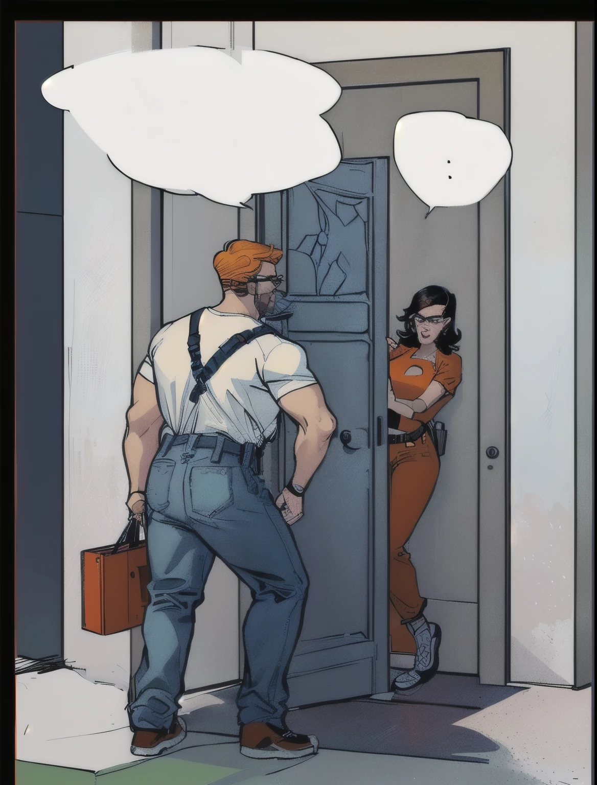 cartoon of a man and woman standing in front of a door, (sfw) safe for work, gta 5 comics, art gta 5 comics, gordon freeman as a woman, a comic book panel, comic book arzach style, comic panel, one panel, hung above the door, missing panels, ( art fitzpatrick ), in an elevator, forcing him to flee, digital comic, Put a black t shirt and orange pants on male.Details: Draw a home background with a royal big door, Show him opening his arms to hug female, Show female giving suprising expressions and welcoming the male in house.