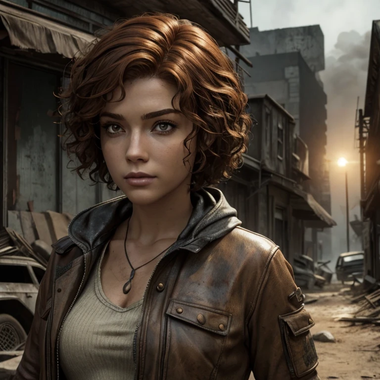 highly detailed, woman, light auburn hair, short curly hair, post-apocalyptic world