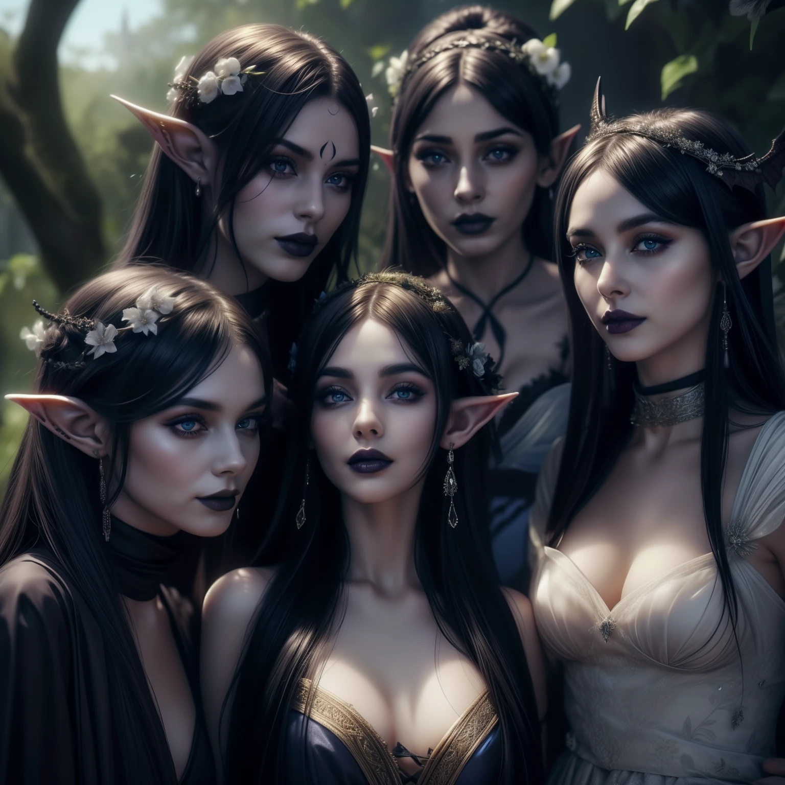 Three beautiful, hot, sexy dark elves, with long straight black hair with bangs, pale silky skin (made up), beautiful blue eyes, beautiful lips (black lipstick), wearing gothic earrings, spike tiaras with funeral flowers, smiling (showing teeth ), with bat wings behind their heads, wearing beautiful low-cut black gothic elven dresses made of pure silk, surrounded by funereal flowers and small flying insects, and in the background, bats and dragonflies flying around and under their heads, beautiful dark elves hyper-realistic, photorealistic adorned dark elves, beautiful dark elves with intricate details.