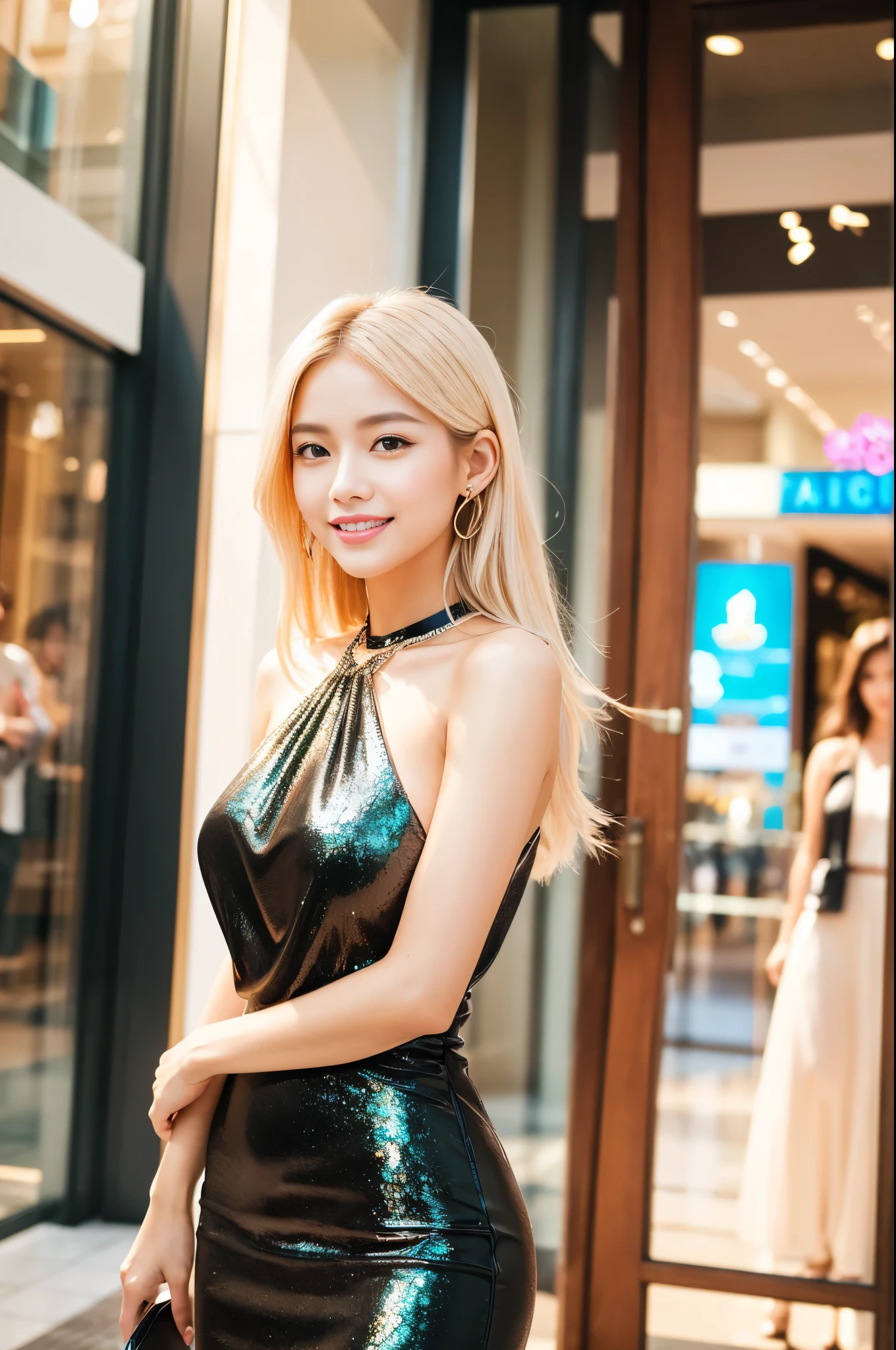 (best quality, 4k ,8k, highres, masterpiece:1.2), ultra-detailed, (realistic, photorealistic, photo-realistic:1.37), closeup, beautiful Thai woman, beautiful smile, beautiful makeup, platinum blonde hair, fair skin, slender figure, elegant posture, wearing large sparkling colorful jewelery, wearing a business style black leather dress, standing in a large shopping mall, gentle sunlight shining through the shopping mall windows, casting a soft glow on her face, adding warmth to the scene, vibrant colors, capturing the essence of vibrant city life, portrait style, showcasing her natural beauty and grace in a feminine way.