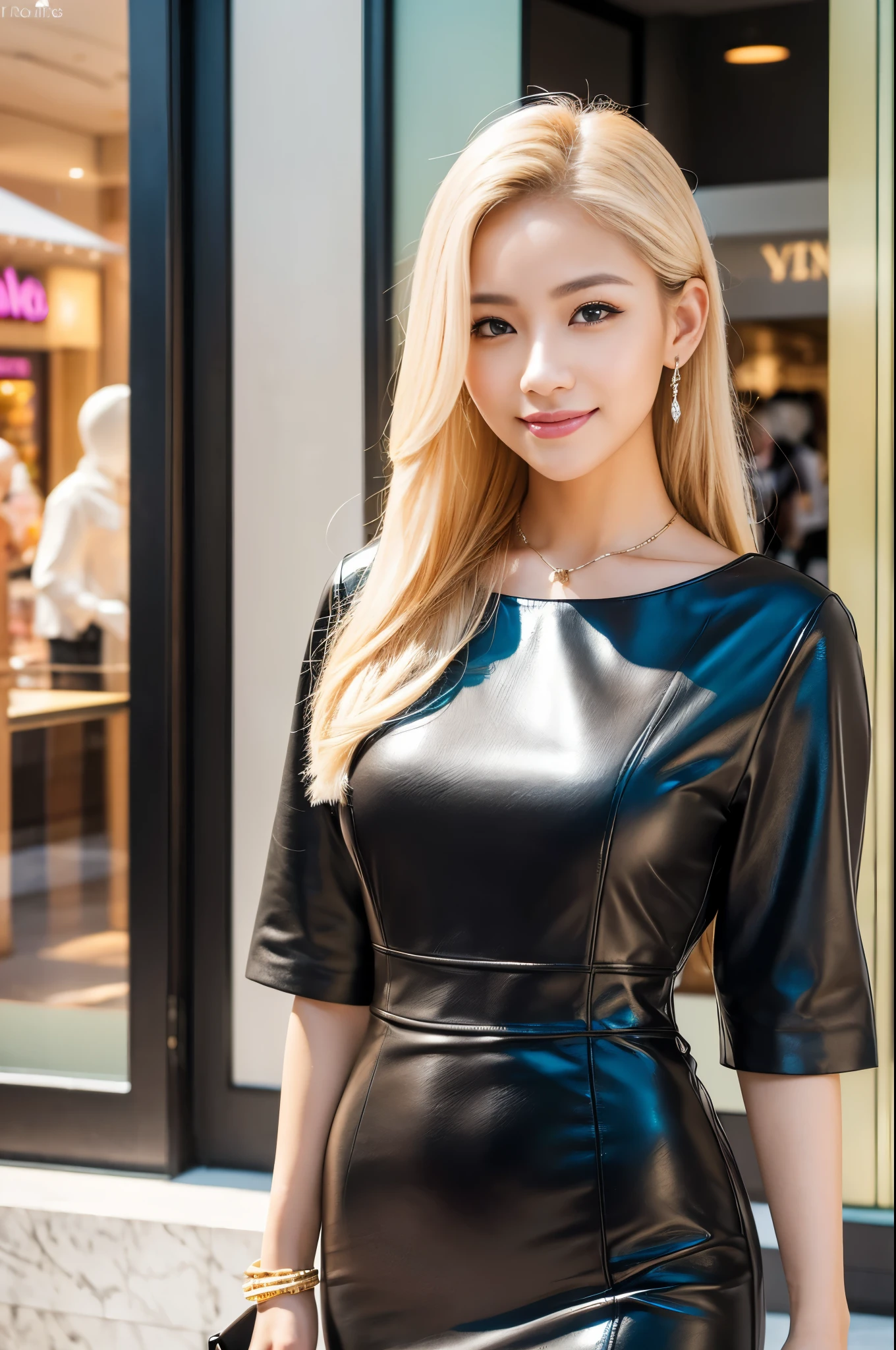 (best quality, 4k ,8k, highres, masterpiece:1.2), ultra-detailed, (realistic, photorealistic, photo-realistic:1.37), closeup, beautiful Thai woman, beautiful smile, beautiful makeup, platinum blonde hair, fair skin, slender figure, elegant posture, wearing large sparkling colorful jewelery, wearing a business style black leather dress, standing in a large shopping mall, gentle sunlight shining through the shopping mall windows, casting a soft glow on her face, adding warmth to the scene, vibrant colors, capturing the essence of vibrant city life, portrait style, showcasing her natural beauty and grace in a feminine way.