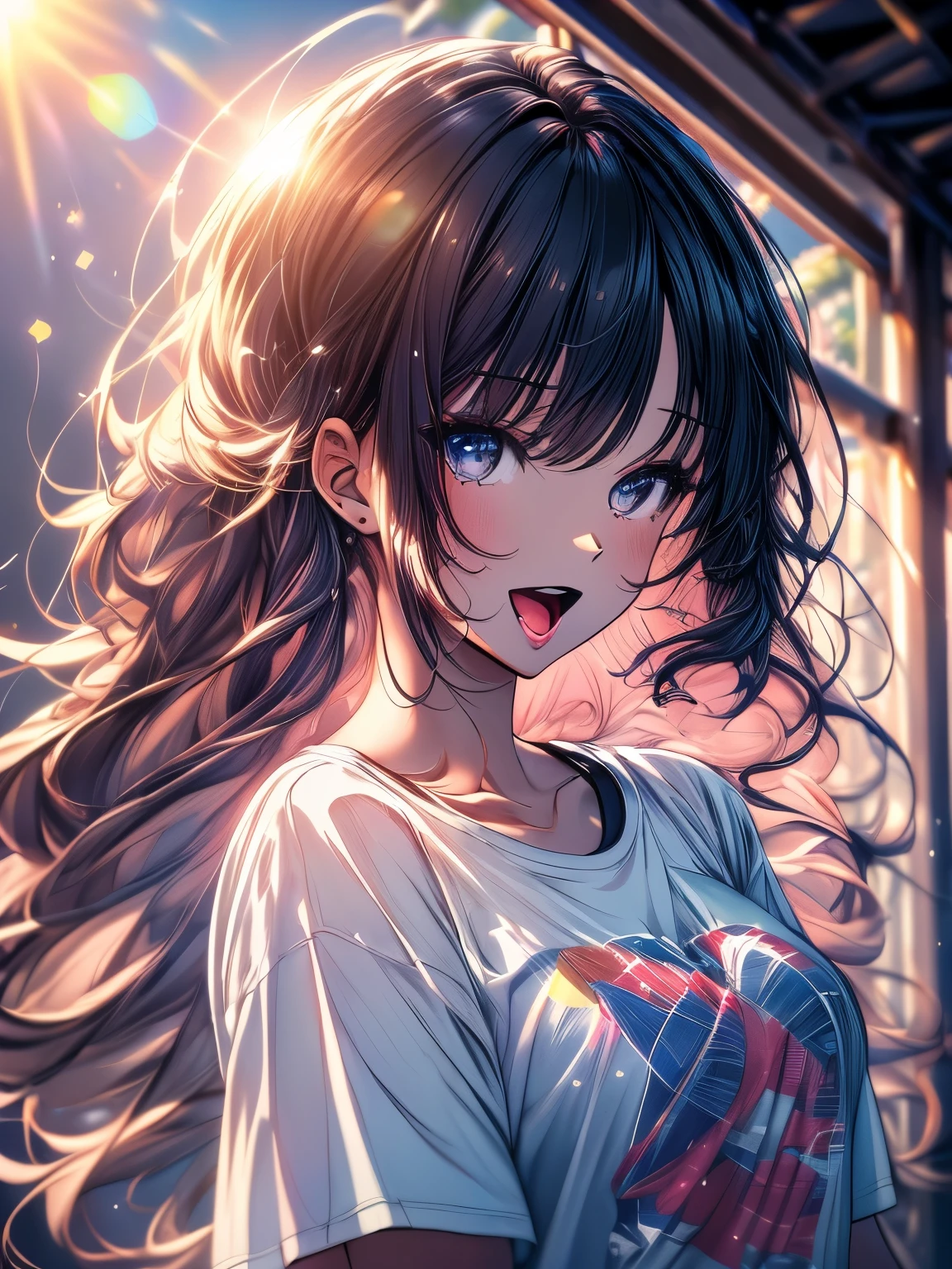 (((masterpiece:1.4))), (highest quality:1.4), (Ultra-high resolution:1.4), (best quality:1.2), (ultra detail:1.3), girl, Wearing a T-shirt, Upper Body, (LOL:1.3), (Open your mouth:1.3), Sun glare, Bokeh, Depth of written boundary, Blurred Background, Particles of light, Strong winds, 