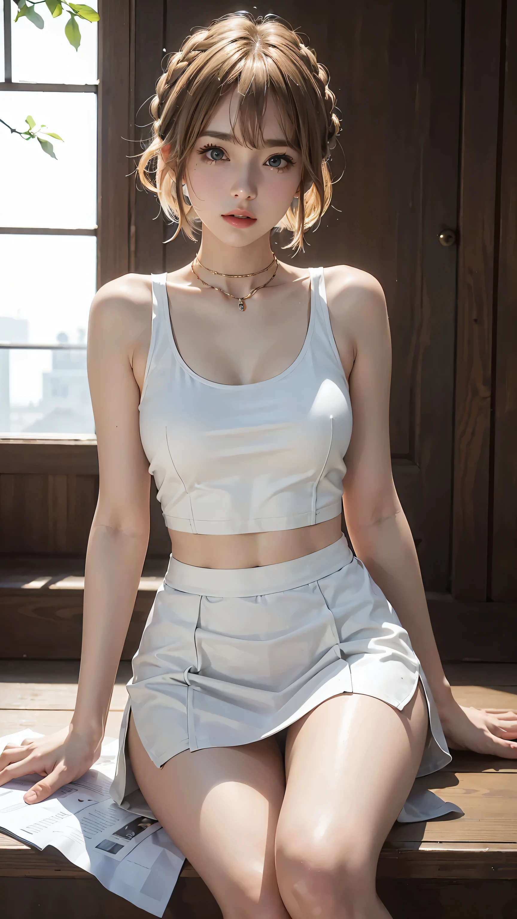 Masterpiece, best quality, super fine, 16k, incredibly absurdres, extremely detailed, beautiful woman, amorous and lewd expression, glossy white-gold messy short hair, side braided, She is wearing a loose-fitting tank top, and mini skirt, superlative body proportion, sitting,