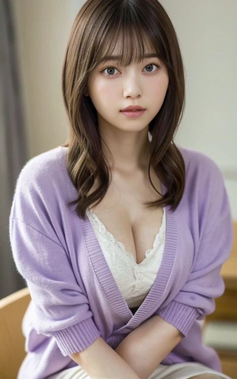 masterpiece, highest quality, 8k, 20th Generation, Large Breasts, cute, alone, sad, cute, Girlish, Delicate girl, Pure beauty, RAW Photos, Professional photography, Portraiture, Soft Light, Professional Lighting, Backlight, Head to Knee, avert your eyes, Sophisticated, Film Grain, (Eyes and facial details:1.0), Short floating hair, Beautiful, flowing hair, bangs, (Loose cardigan(Pale lavender))、(Large Breasts:1.0)、You can see a little cleavage、Micro Mini Skirt、Voluptuous thighs、Dolly Makeup、Odd Eye、The colour of the eyes is very different between the left and right