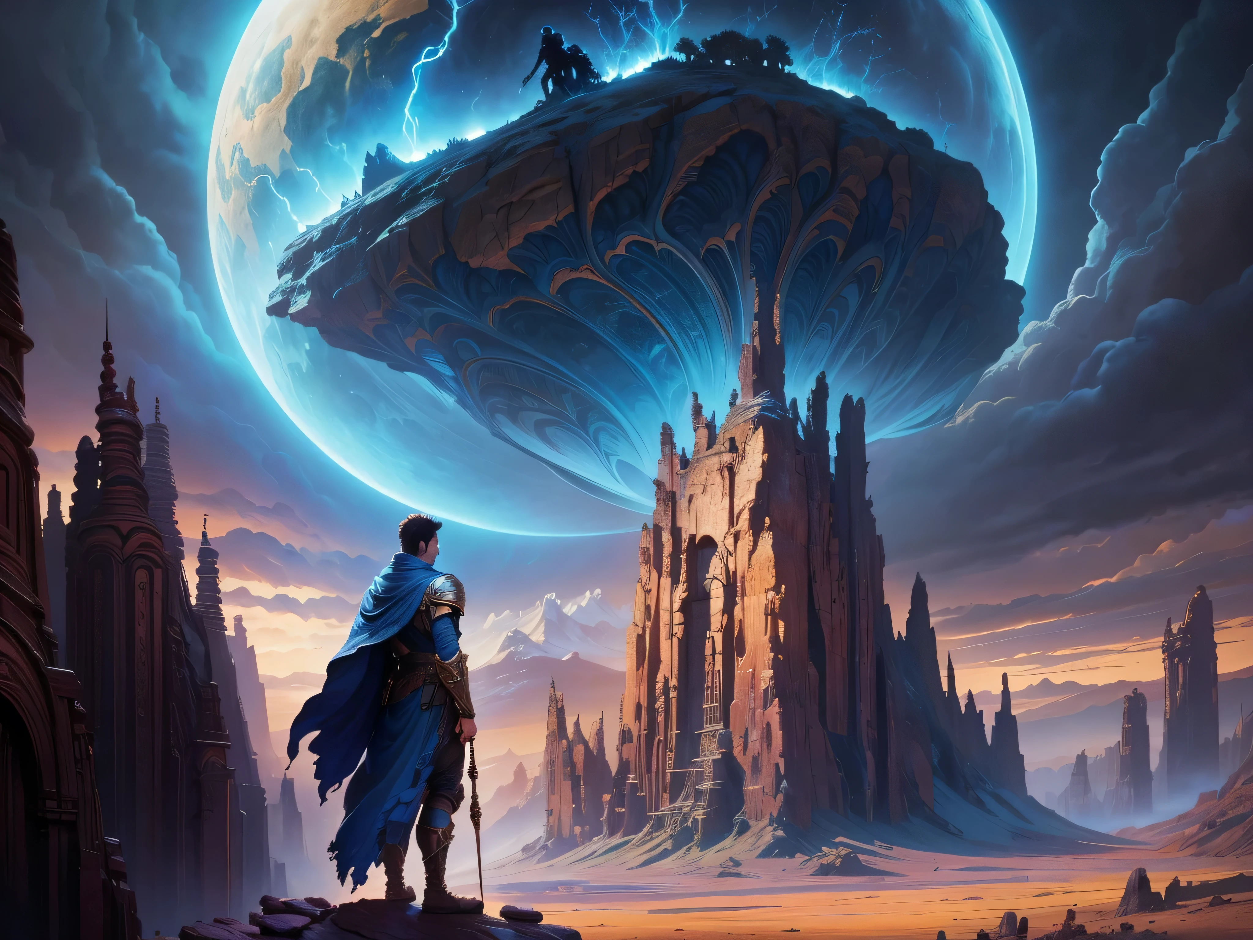arafed image of a man standing on a rock looking at a planet, epic fantasy sci fi illustration, fractal thunder dan mumford, wide angle fantasy art, inspired by Johfra Bosschart, fantasy epic digital art, epic fantasy illustration, detailed fantasy digital art, by Johfra Bosschart, epic fantasy digital art, dramatic fantasy art, science fantasy painting