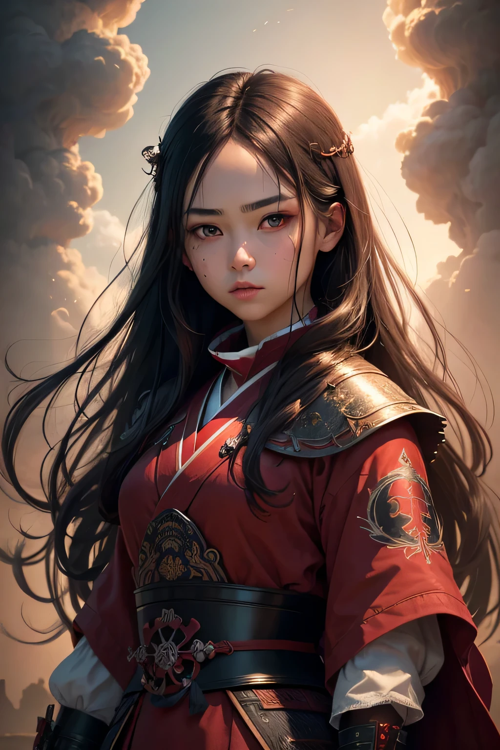 artwork,best quality,realistic art style,ultra-realistic 8k CG,ultra-detailed background,delicate pattern,intricate details,best quality,very detailed face,extremely detailed eyes and face,extremely detailed eyes,1 girl ,samurai,Alone,RED BACKGROUND,Long hair,black hair,red eyes,red high light,sharp eyes,(floating red paint),light artifact,Thick smoke,river,light,