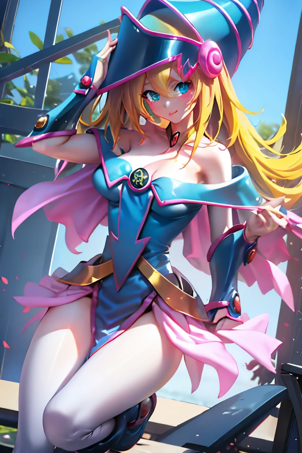 Hatsune Miku disfrazada de dark magician gils. Pose sensual y seductora. Fondo de magia 