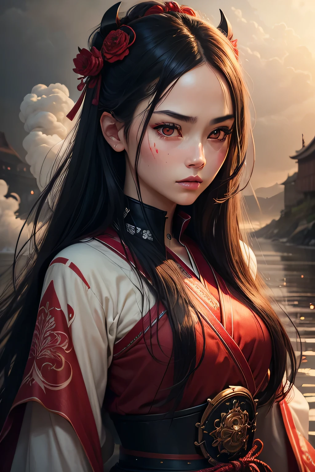 artwork,best quality,realistic art style,ultra-realistic 8k CG,ultra-detailed background,delicate pattern,intricate details,best quality,very detailed face,extremely detailed eyes and face,extremely detailed eyes,1 girl ,samurai,Alone,RED BACKGROUND,Long hair,black hair,red eyes,red high light,sharp eyes,(floating red paint),light artifact,Thick smoke,river,light,