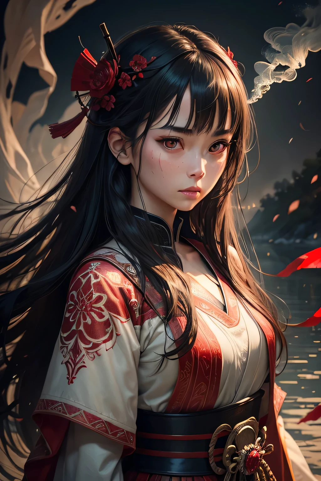 artwork,best quality,realistic art style,ultra-realistic 8k CG,ultra-detailed background,delicate pattern,intricate details,best quality,very detailed face,extremely detailed eyes and face,extremely detailed eyes,1 girl ,samurai,Alone,RED BACKGROUND,Long hair,black hair,red eyes,red high light,sharp eyes,(floating red paint),light artifact,Thick smoke,river,light,