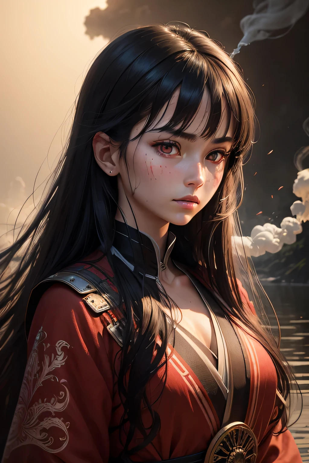 artwork,best quality,realistic art style,ultra-realistic 8k CG,ultra-detailed background,delicate pattern,intricate details,best quality,very detailed face,extremely detailed eyes and face,extremely detailed eyes,1 girl ,samurai,Alone,RED BACKGROUND,Long hair,black hair,red eyes,red high light,sharp eyes,(floating red paint),light artifact,Thick smoke,river,light,