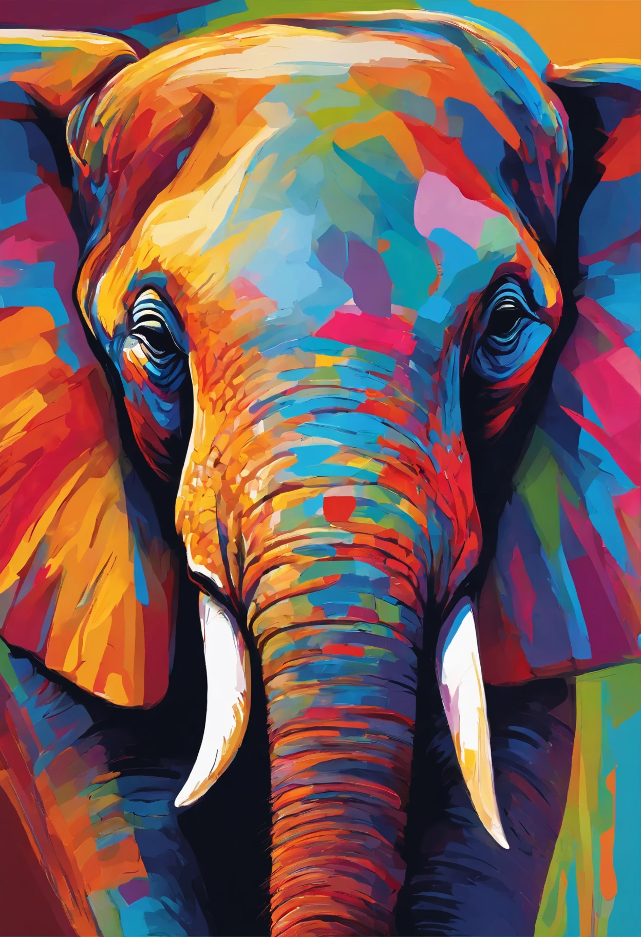 close up of elephant face half merged with background. vivid bright colours, abstract lines