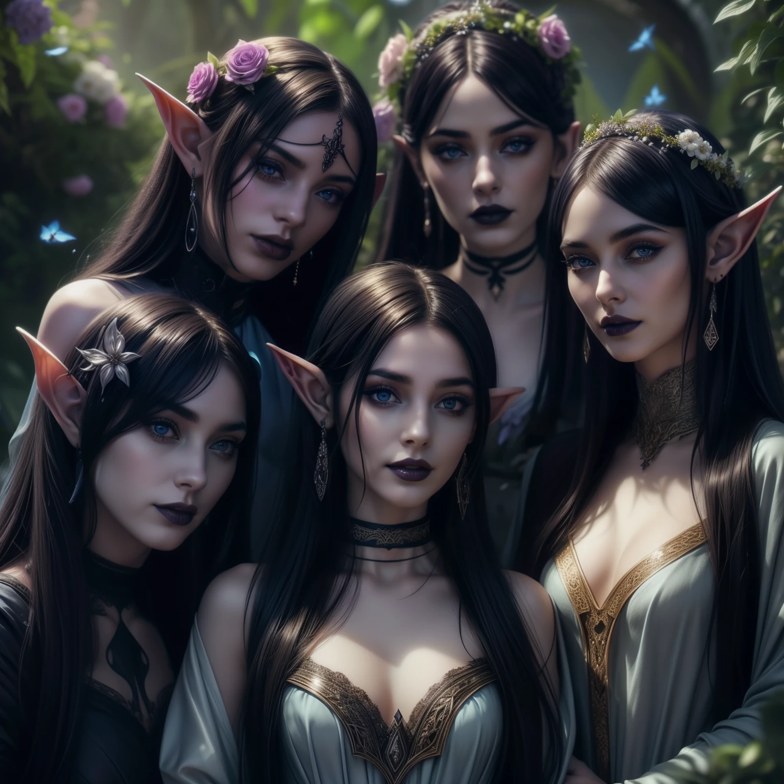 Three beautiful, hot, sexy dark elves, with long straight black hair with bangs, pale silky skin (made up), beautiful blue eyes, beautiful lips (black lipstick), wearing gothic earrings, spike tiaras with funeral flowers, smiling (showing teeth ), with bat wings behind their heads, wearing beautiful low-cut black gothic elven dresses made of pure silk, surrounded by funereal flowers and small flying insects, and in the background, bats and dragonflies flying around and under their heads, beautiful dark elves hyper-realistic, photorealistic adorned dark elves, beautiful dark elves with intricate details.