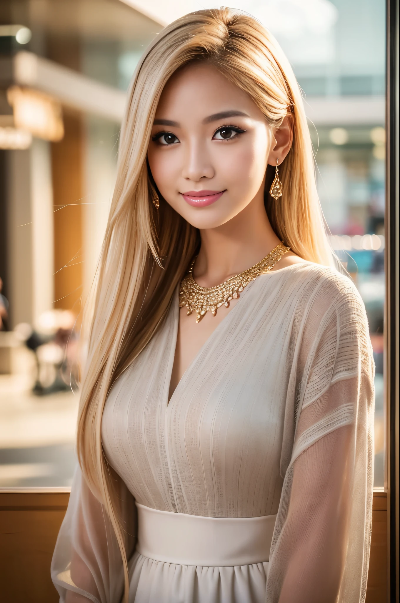 (best quality, 4k ,8k, highres, masterpiece:1.2), ultra-detailed, (realistic, photorealistic, photo-realistic:1.37), closeup, beautiful Thai woman, beautiful smile, long lashes, beautiful makeup, platinum blonde hair, fair skin, slender figure, elegant posture, wearing large sparkling colorful jewelery, wearing a business style black leather dress, standing in a large shopping mall, gentle sunlight shining through the shopping mall windows, casting a soft glow on her face, adding warmth to the scene, vibrant colors, capturing the essence of vibrant city life, portrait style, showcasing her natural beauty and grace in a feminine way.