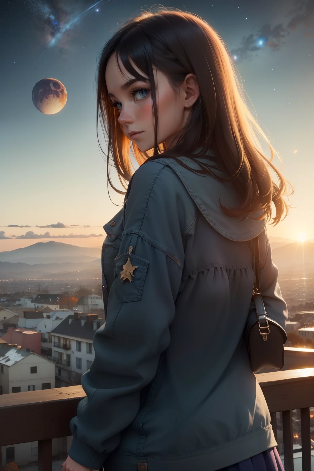 hills the sunset over the city. birds flying, autumn, fall colors, trees leaves, sky with stars, prussian blue sky colors cobalt blue purple cyan. planets, giant saturn seen near the earth, huge half moon, bright stars, shooting stars, windblown gorges, a pretty girl,