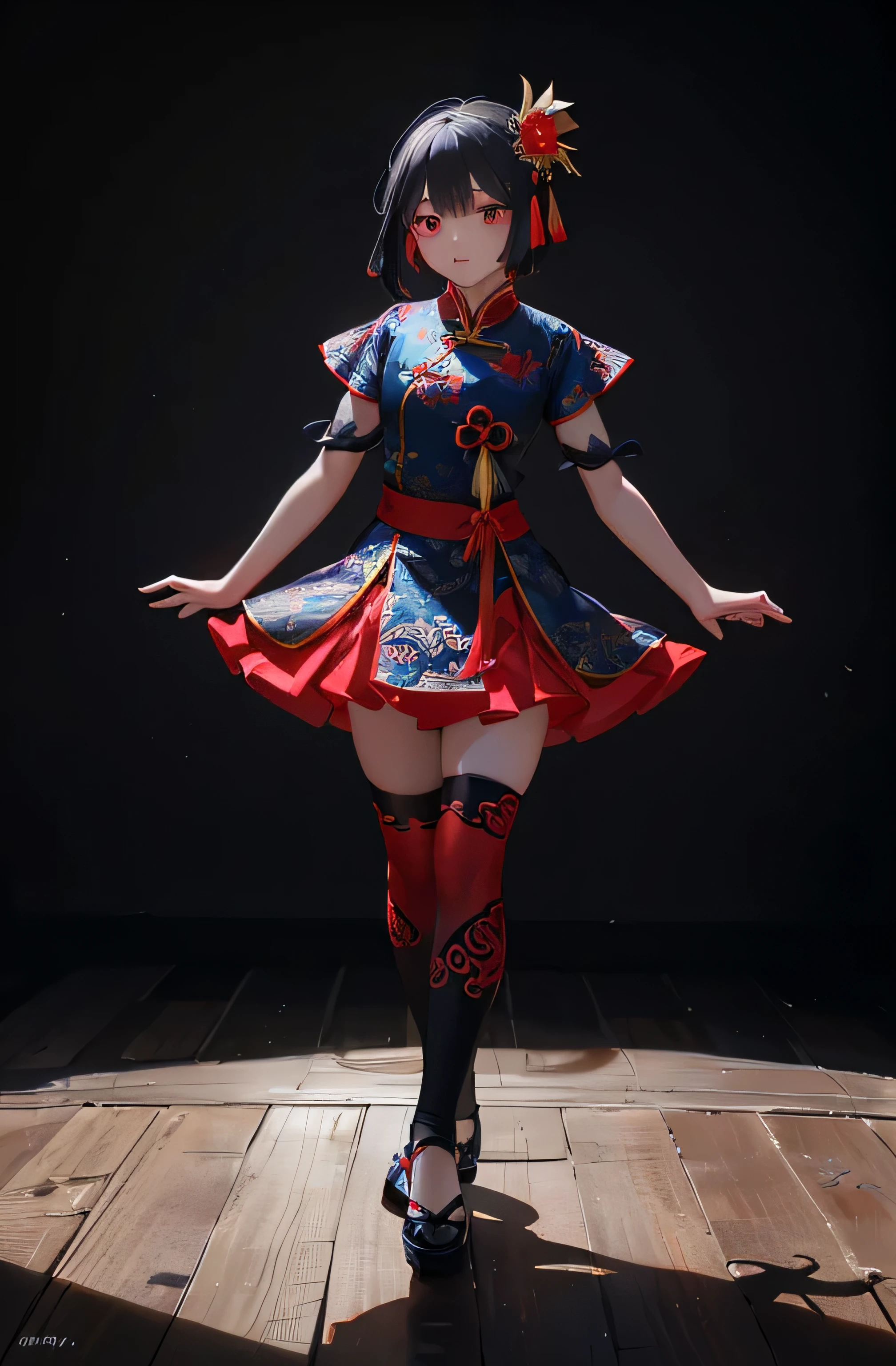 shadow play，Paper-cut Peking Opera, Chinese Tang Suit，Little girl made with shadow play, Colorful clothing, Hollow red and blue combination leggings short skirt hollow pattern puppet, Chinese Arts,Dressed in Chinese shadow play clothes, Little girl dancing, Asian Art, Chinese opera elements, Adorable shadow play Costume for Kids，Fashion Design Based on China， Dancing full body picture， shadow play cartoon costume fun，colorful，shadow play