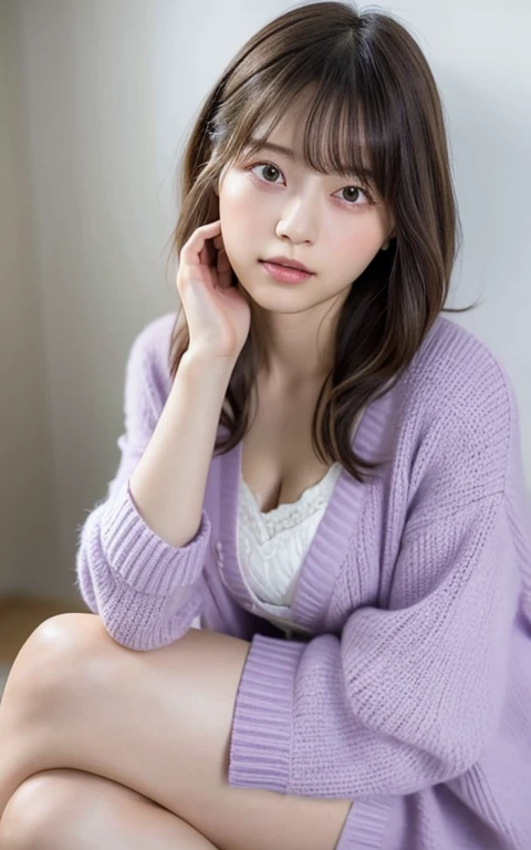 masterpiece, highest quality, 8k, 20th Generation, Large Breasts, cute, alone, sad, cute, Girlish, Delicate girl, Pure beauty, RAW Photos, Professional photography, Portraiture, Soft Light, Professional Lighting, Backlight, Head to Knee, avert your eyes, Sophisticated, Film Grain, (Eyes and facial details:1.0), Short floating hair, Beautiful, flowing hair, bangs, (Loose cardigan(Pale lavender))、(Large Breasts:1.0)、You can see a little cleavage、Micro Mini Skirt、Voluptuous thighs、Dolly Makeup、Odd Eye、The colour of the eyes are completely different