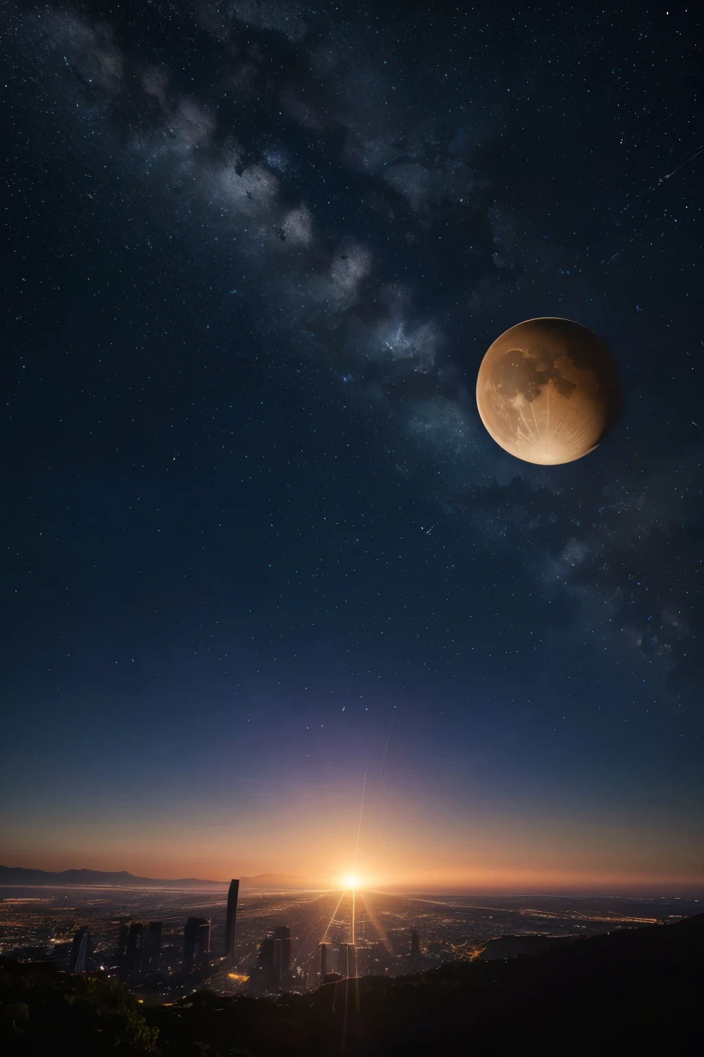 hills the sunset over the city. birds flying, autumn, fall colors, trees leaves, sky with stars, prussian blue sky colors cobalt blue purple cyan. planets, giant saturn seen near the earth, huge half moon, bright stars, shooting stars, windblown gorges, a pretty girl,