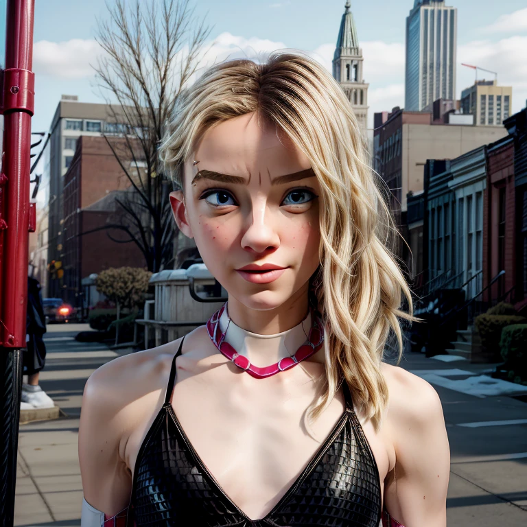 masterpiece, best quality, 1girl, gwenstacy, blonde hair, asymmetrical hair, blue eyes, eyebrow piercing, upper body, solo, looking at viewer, buildings, top of building, new york city background ,REALISTIC,  girl, cute face, alone, beautiful face, perfect face, blushing, posing, lingerie,photorealistic,1 girl, sweating intensively, toned abs, 