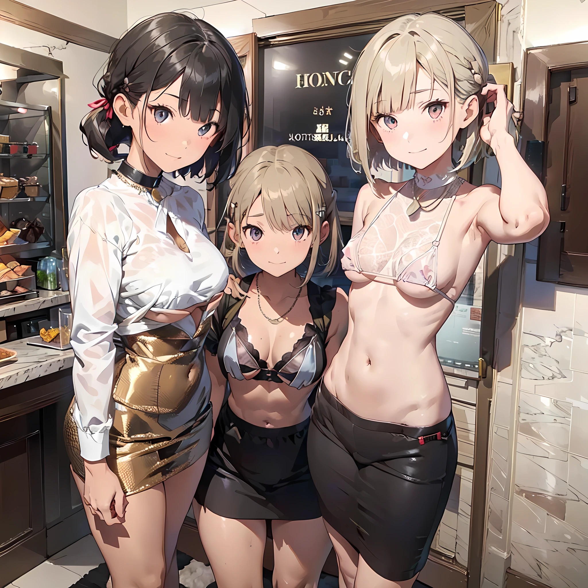 ((masterpiece, best quality, ultra quality, high quality, hyper detailed, intricate detailed, perfect anatomy, shiny skin)), ((upper body:1.2)), (three women are posing for a camera:1.4), (At the hotel, By the bed),  (Lift up your camisole), (topless:1.2),  (smile, shy, red cheek, blush), (Open your mouth:1.8),  (full nude:1.4), (See-through:1.2), Stand in line ,  brown hair, blond hair, navel, jewelry, looking at viewer, necklace, long hair, short hair, Abdominal muscles, panties, straight hair, bob cut, blunt bangs, silky hair,  hair clip, hair band, hair ribbon, one-length haircut, ducktail, outward curled hair, French twist hair, twintails, side ponytail, single braid, wavy hair, 