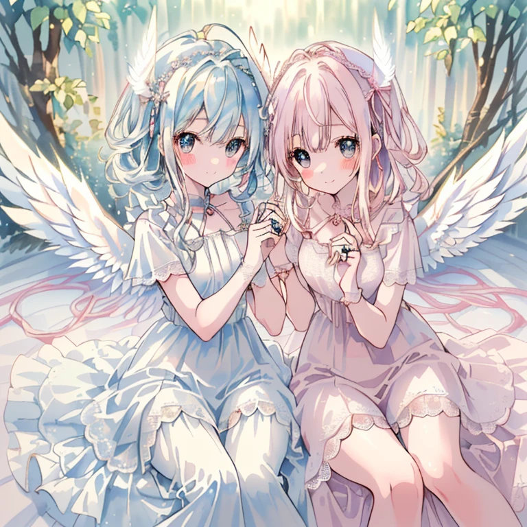 (nursery), cute, moe, ((two angel girls)), calm, (healing), ((two girls playing together)), cute, watercolor, (full body)), (cute 6  girl), (((drawn with delicate, fine lines, cherry blush, fair skin, slim body, long eyelashes, attractive, sparkling big eyes )))), (((pretty dress with detailed and delicate design, full of ribbons, lace and frills)), (((angel wings on her back, angel ring on her head))), full smile. ((watercolor style, moe anime textures)), world full of mysterious light, ((cute)), gentle, healing, magical fantasy, (((top quality, highest image quality))),