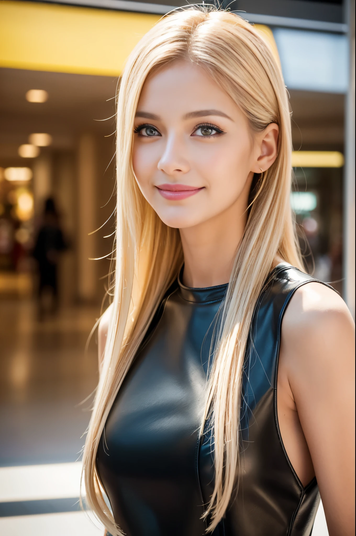(best quality, 4k ,8k, highres, masterpiece:1.2), ultra-detailed, (realistic, photorealistic, photo-realistic:1.37), closeup, beautiful Swedish woman, beautiful smile, long lashes, beautiful makeup, platinum blonde hair, fair skin, slender figure, elegant posture, wearing large sparkling colorful jewelery, wearing a business style black leather dress, standing in a large shopping mall, gentle sunlight shining through the shopping mall windows, casting a soft glow on her face, adding warmth to the scene, vibrant colors, capturing the essence of vibrant city life, portrait style, showcasing her natural beauty and grace in a feminine way.