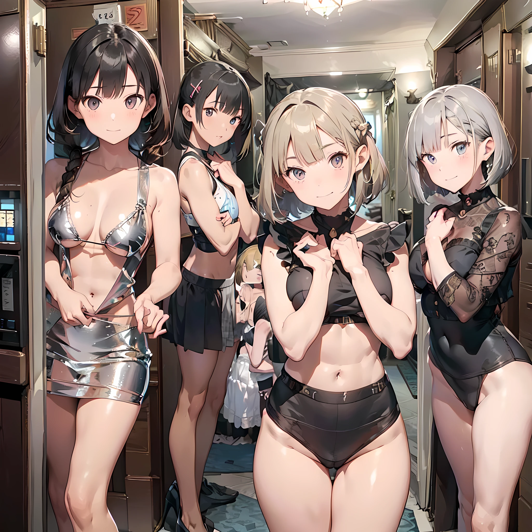 (masterpiece, best quality, ultra quality, high quality, hyper detailed, intricate detailed, perfect anatomy, shiny skin, body shot,), (3women are posing for a camera), (At the hotel), (By the bed), slender, happy、fun、Laughing with your mouth open, brown hair, blond hair, silver hair, navel, jewelry, looking at viewer, necklace, long hair, short hair, Abdominal muscles, Thong,straight hair, bob cut, blunt bangs, silky hair, hair clip, hair band, hair ribbon, one-length haircut, ducktail, outward curled hair, French twist hair, twintails, side ponytail, single braid, wavy hair,