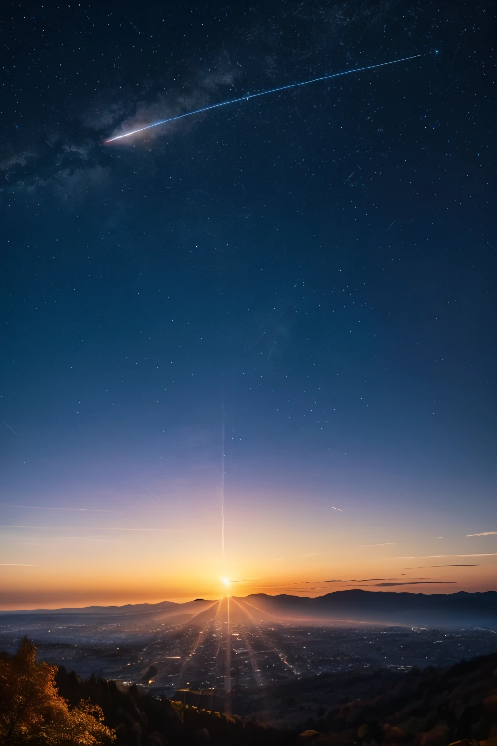 hills the sunset over the city. birds flying, autumn, fall colors, trees leaves, sky with stars, prussian blue sky colors cobalt blue purple cyan. planets, giant saturn seen near the earth, huge half moon, bright stars, shooting stars, windblown gorges, a pretty girl,