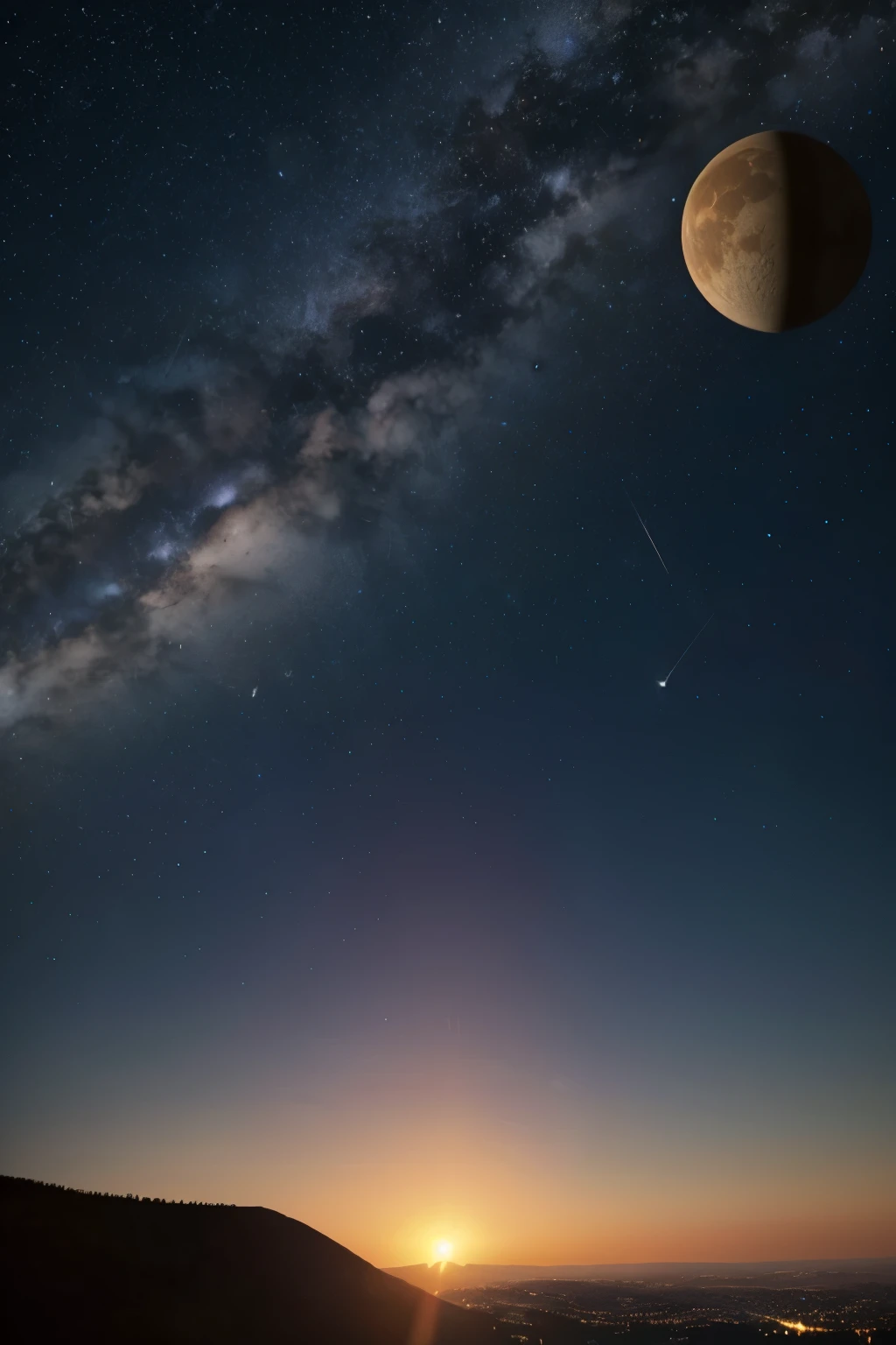 hills the sunset over the city. birds flying, autumn, fall colors, trees leaves, sky with stars, prussian blue sky colors cobalt blue purple cyan. planets, giant saturn seen near the earth, huge half moon, bright stars, shooting stars, windblown gorges, a pretty girl,