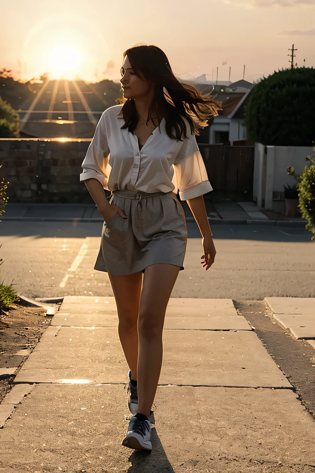 person walking and sun shining in the morning at sunrise