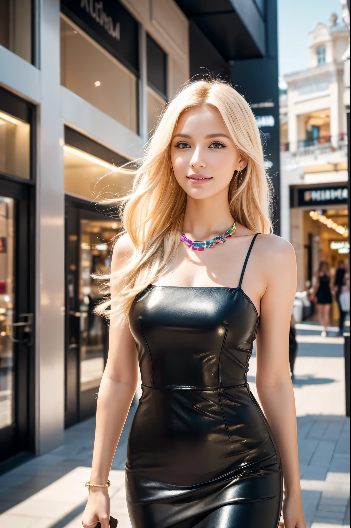 (best quality, 4k ,8k, highres, masterpiece:1.2), ultra-detailed, (realistic, photorealistic, photo-realistic:1.37), closeup, beautiful Swedish woman, beautiful smile, beautiful makeup, platinum blonde hair, fair skin, slender figure, elegant posture, wearing large sparkling colorful jewelery, wearing a business style black leather dress, standing in a large shopping mall, gentle sunlight shining through the shopping mall windows, casting a soft glow on her face, adding warmth to the scene, vibrant colors, capturing the essence of vibrant city life, portrait style, showcasing her natural beauty and grace in a feminine way.