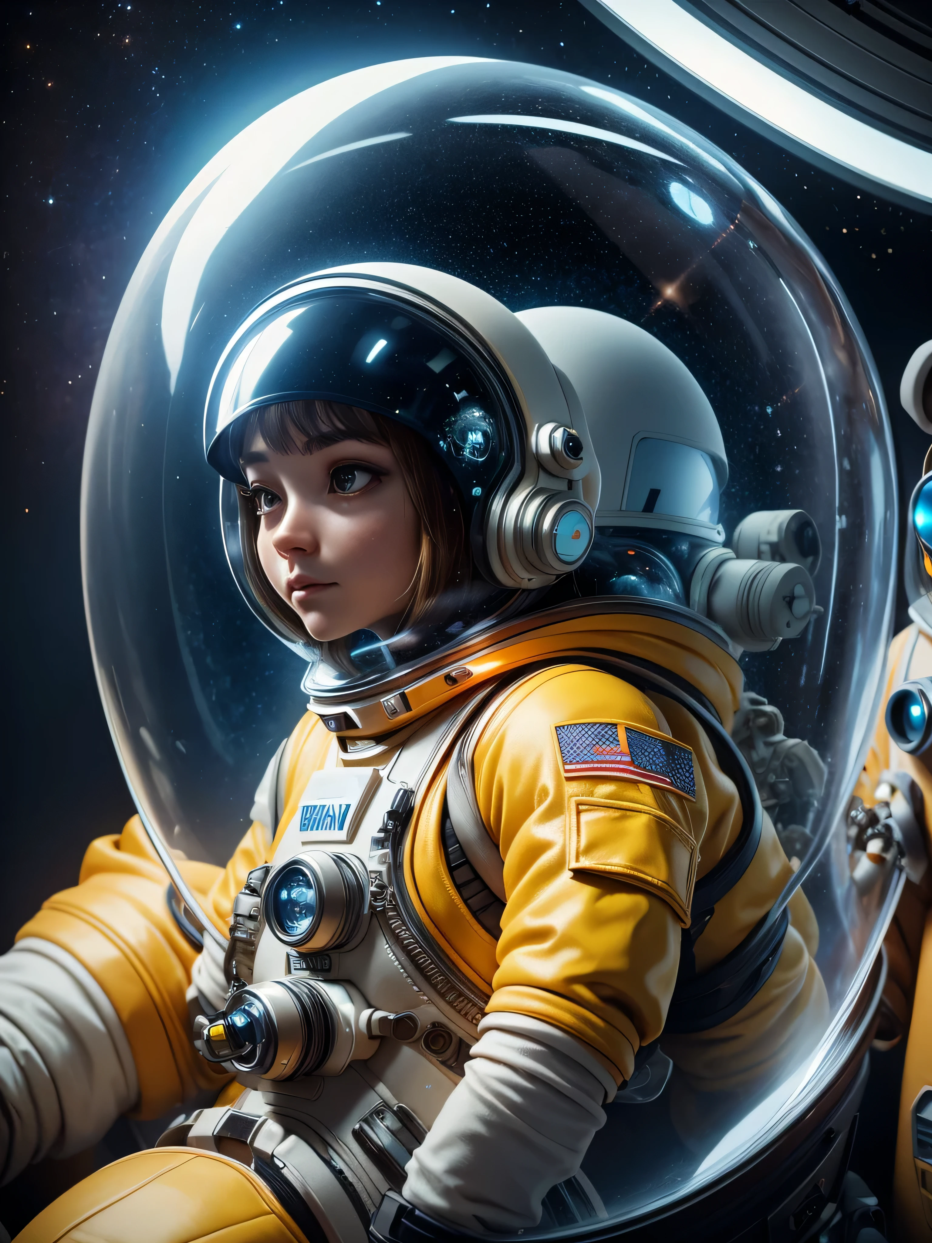 there is a woman in a space suit in a glass dome, futuristic astronaut, dusty space suit, detailed astronaut, detailed space suit, astronaut, astronaut, yellow space suit, modern space suit, astronaut lost in liminal space, spacesuit, fully space suited, space suit, science fiction space suit, futuristic spacesuit, creepy astronaut, portrait of an astronaut