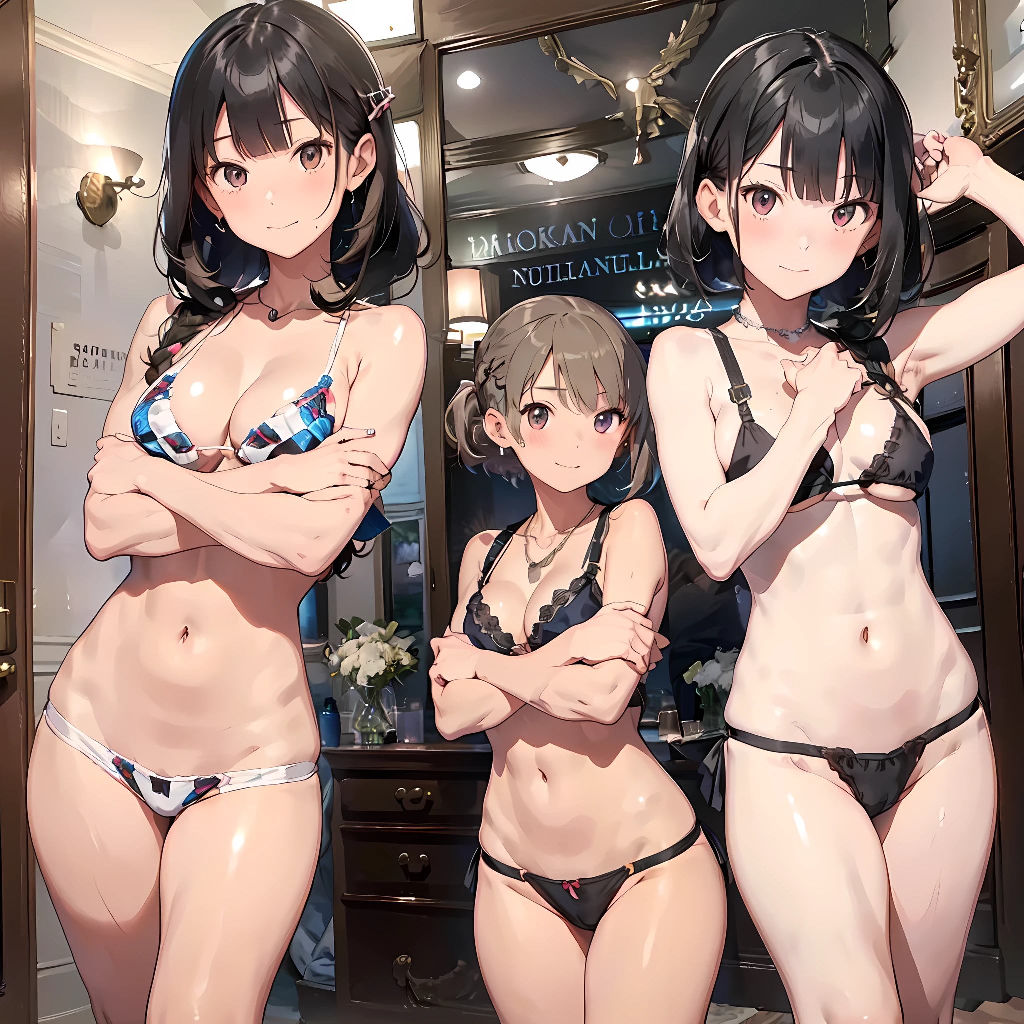 (((High resolution))), (((Very detailedな))), (((Three Girls:1.3))),((７Head to Body:1.3))、 (((Midday Blue Background)))、(((Happy expression))), (((smile:1.5)))、(((Beautiful and detailed eyes:1.3))), (((Very detailed))), (((Details face:1.5))), break , ,sunny, ,(((A bow tie、bikini、underboob:1.3)))、(((Tバッグbikini:1.5))),((Very delicate body))、((Very flat chest))、((Small waist))、((thigh gap:1.2))、Friendly atmosphere、