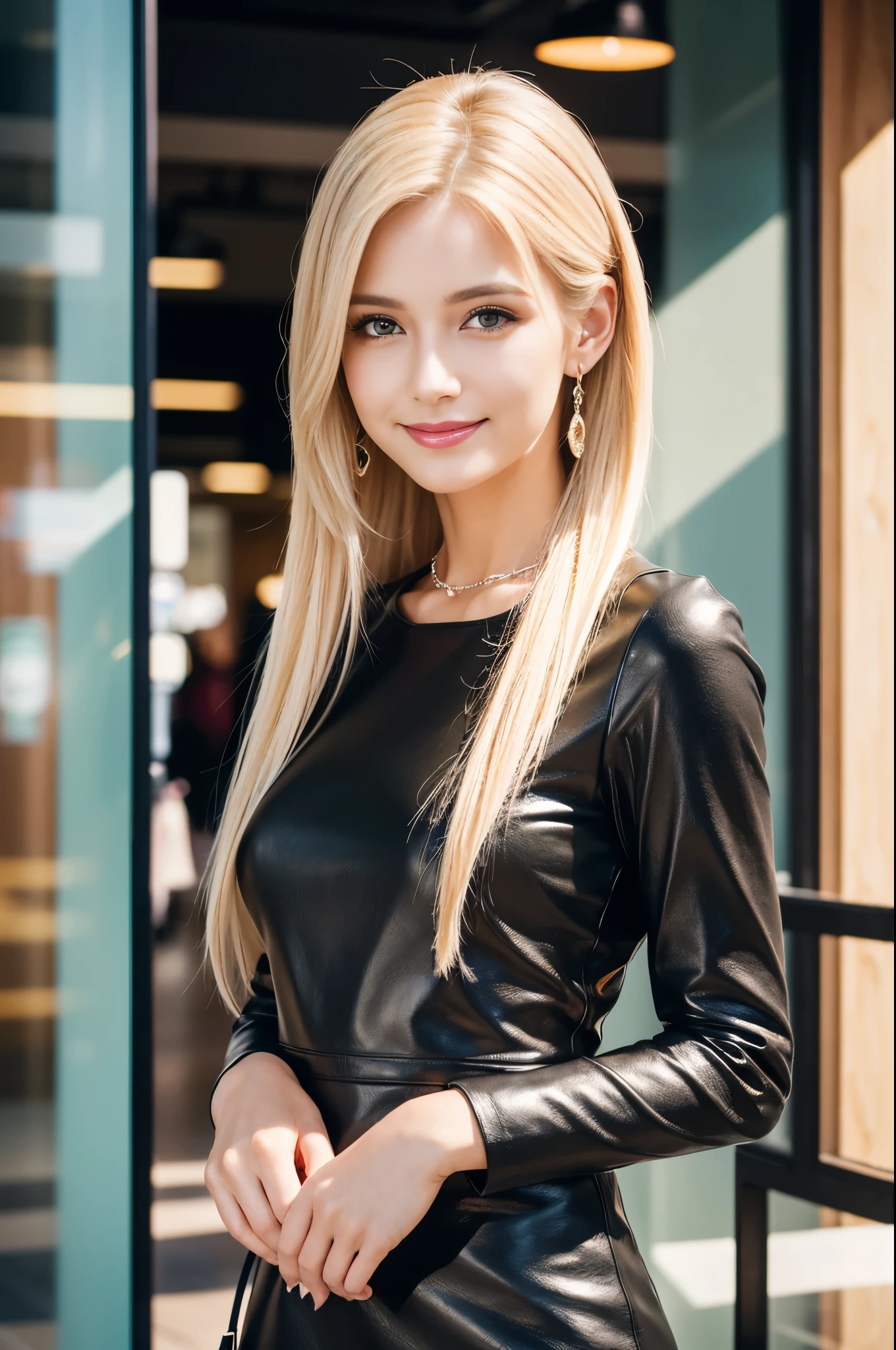(best quality, 4k ,8k, highres, masterpiece:1.2), ultra-detailed, (realistic, photorealistic, photo-realistic:1.37), closeup, beautiful Swedish woman, beautiful smile, long lashes, beautiful makeup, platinum blonde hair, fair skin, slender figure, elegant posture, wearing large sparkling colorful jewelery, wearing a business style black leather dress, standing in a large shopping mall, gentle sunlight shining through the shopping mall windows, casting a soft glow on her face, adding warmth to the scene, vibrant colors, capturing the essence of vibrant city life, portrait style, showcasing her natural beauty and grace in a feminine way. 