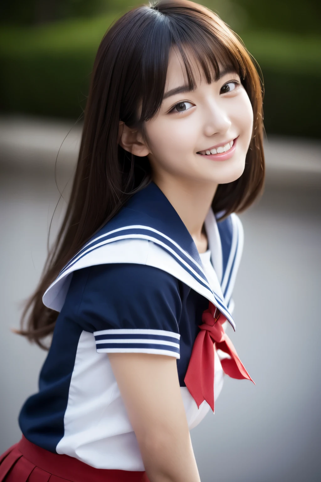 1girl, japanese gravure model, cute beautiful girl, modest breasts, clean face skin, smile shyly, BREAK sexy feeling, erotic feeling, (japanese high with sailor collar:1.2), sailor uniform, red scarf, (pleated skirt), (dynamic angle, dynamic pose:1.3), BREAK masterpiece, best quality, highres, detailed skin, detailed, detailed face and eyes, hi-res, natural lighting, perfect anatomy, physically-based rendering, photorealistic, symmetric clear eyes, well-groomed face,teenage girl, perfect figure, transparency, gravure idol,