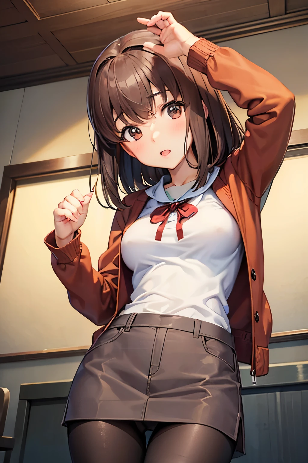 Taeko Kondo、Girls&Panzer、Brown Hair、Short Hair、((pantyhose))、Photo from below、Medium chest、Bedroom、(Denim skirt)、Red ribbon、Knitted outerwear、Pencil Skirt