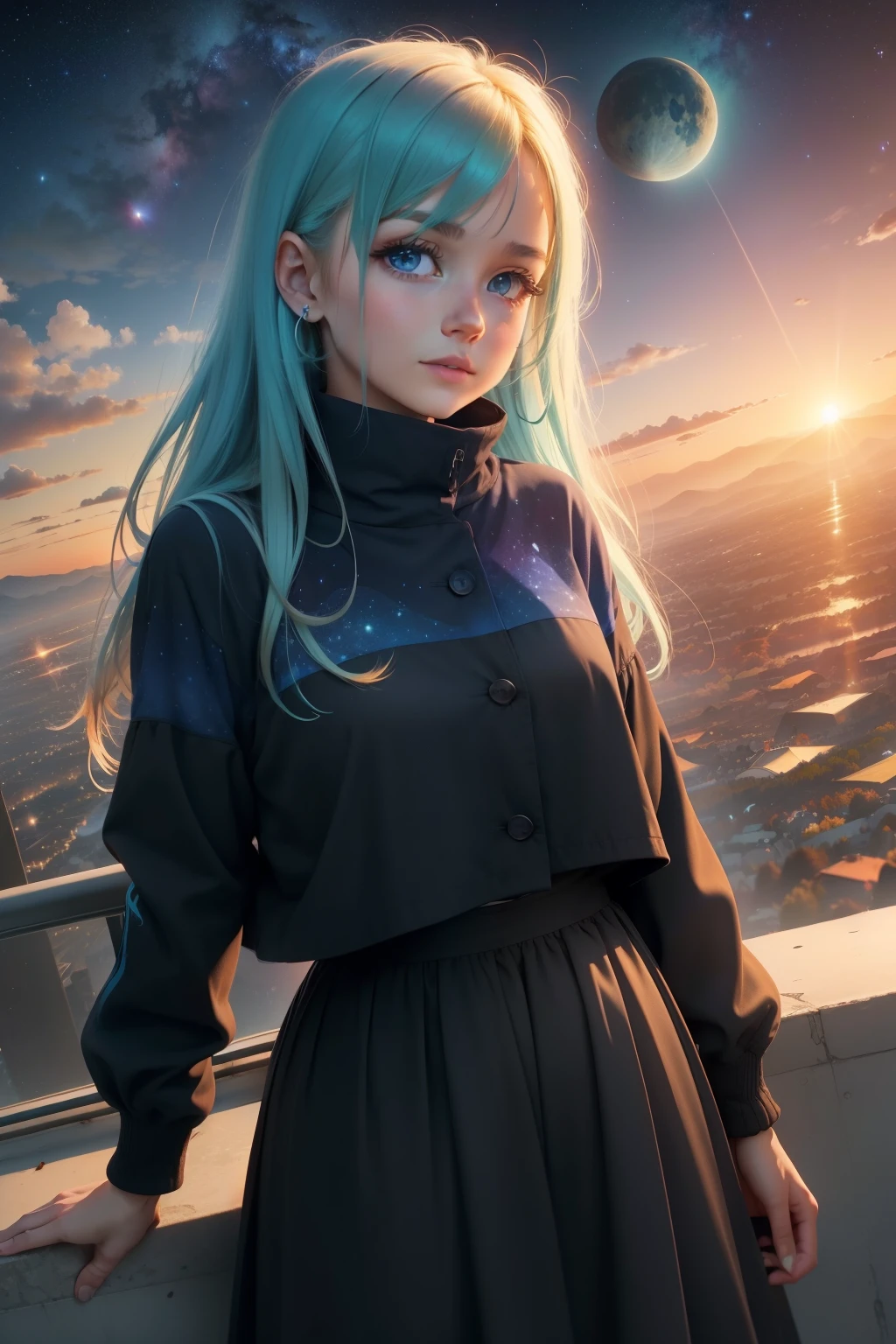 hills the sunset over the city. birds flying, autumn, fall colors, trees leaves, sky with stars, prussian blue sky colors cobalt blue purple cyan. planets, giant saturn seen near the earth, huge half moon, bright stars, shooting stars, windblown gorges, a pretty girl,