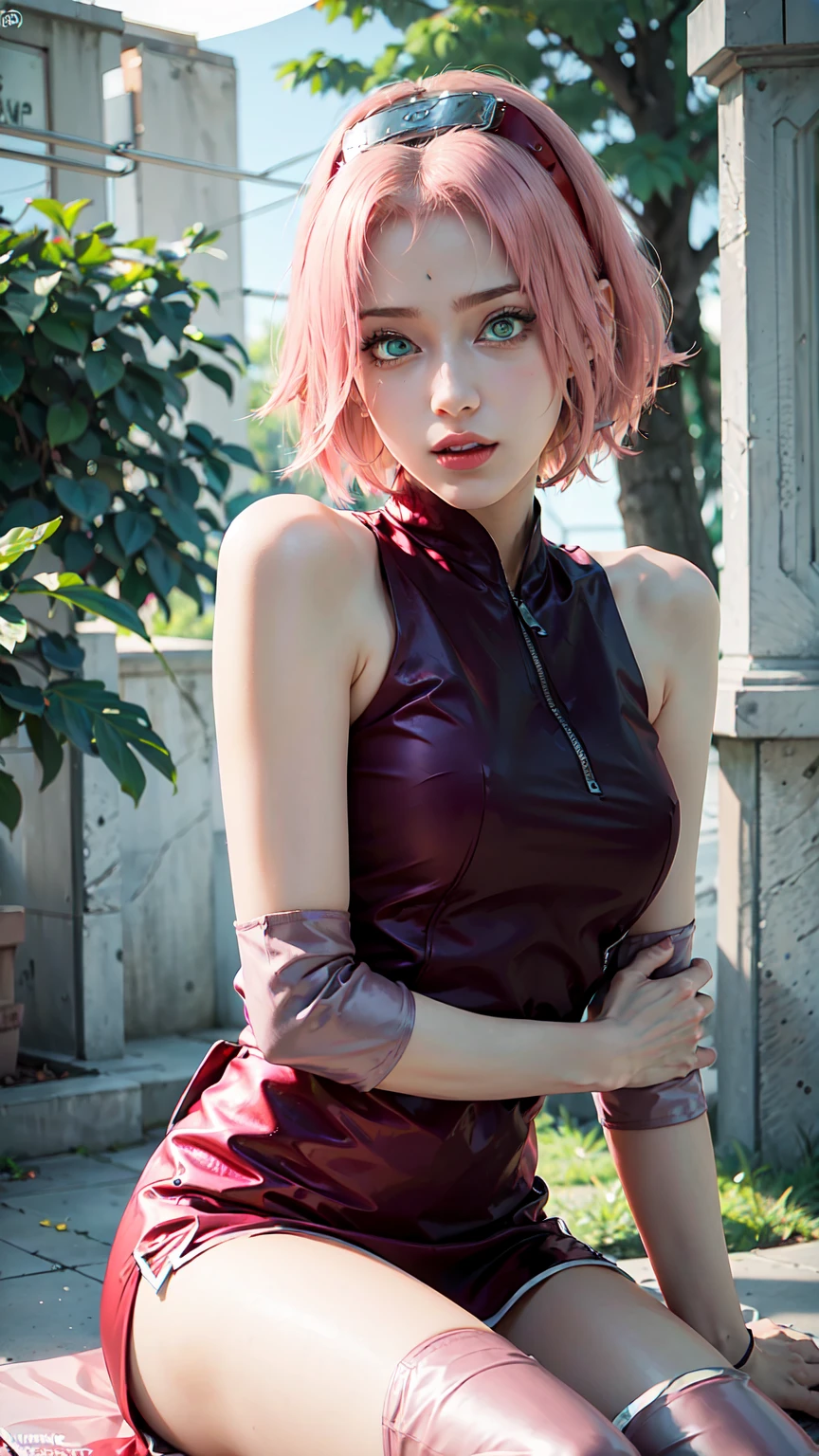 young woman, short shoulder-length pink hair, wide forehead, porcelain skin, pink eyebrows, big emerald green eyes, buttoned nose, full lips, heart-shaped face, slender body, small breasts, red tank top, Sakura Haruno , realistic, realism, details, 3d, well detailed