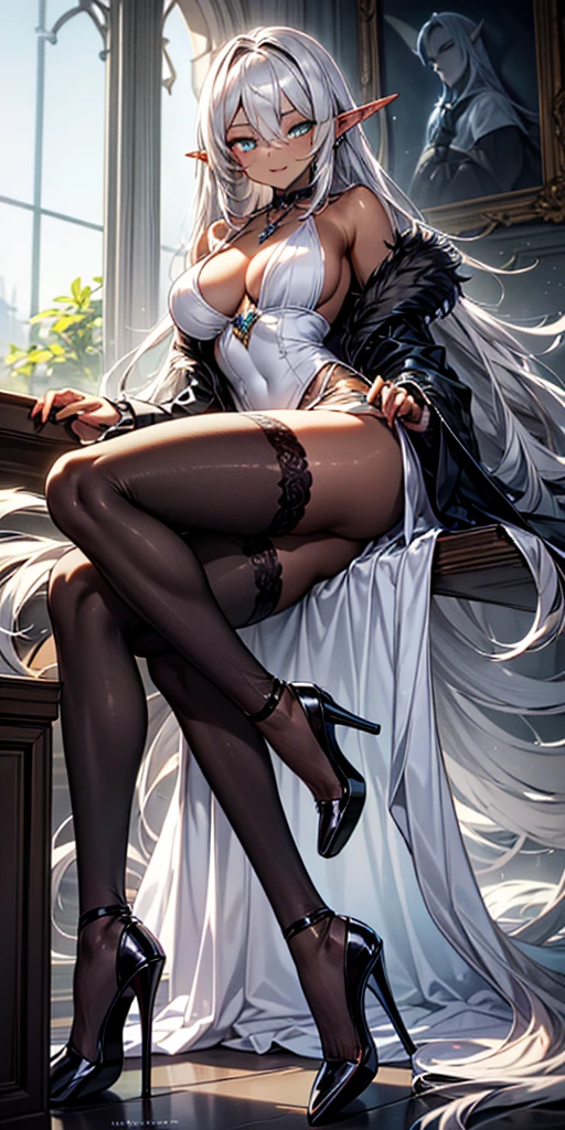 Pirotess dark elf. 1girl, white silver long hair, tellow eyes, white dress, black stockings, white high heels, jewelry necklace, fur coat, portrait