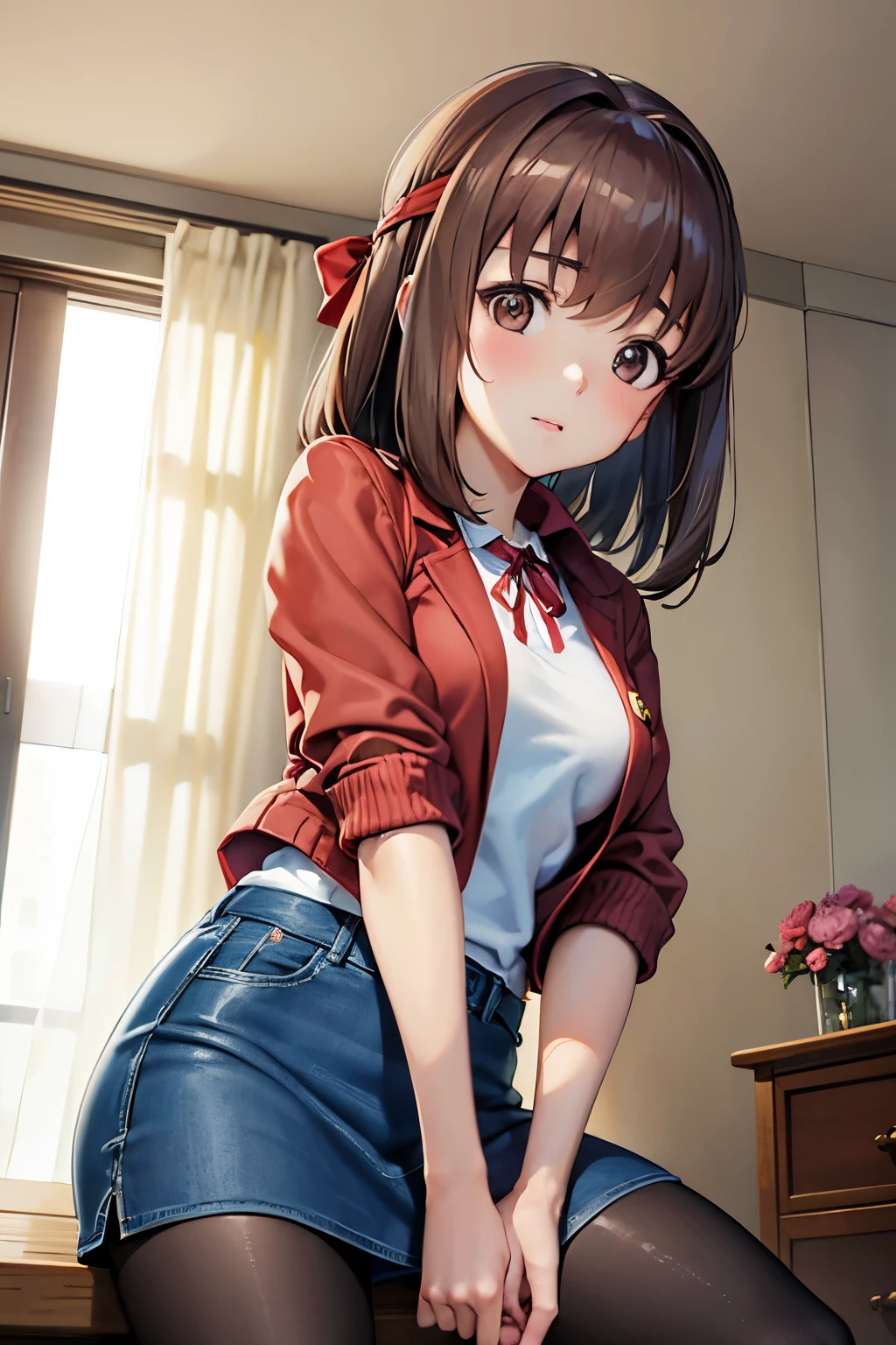 Taeko Kondo、Girls&Panzer、Brown Hair、Short Hair、((pantyhose))、Photo from below、Medium chest、Bedroom、(Denim skirt)、Red ribbon、Knitted outerwear、Pencil Skirt