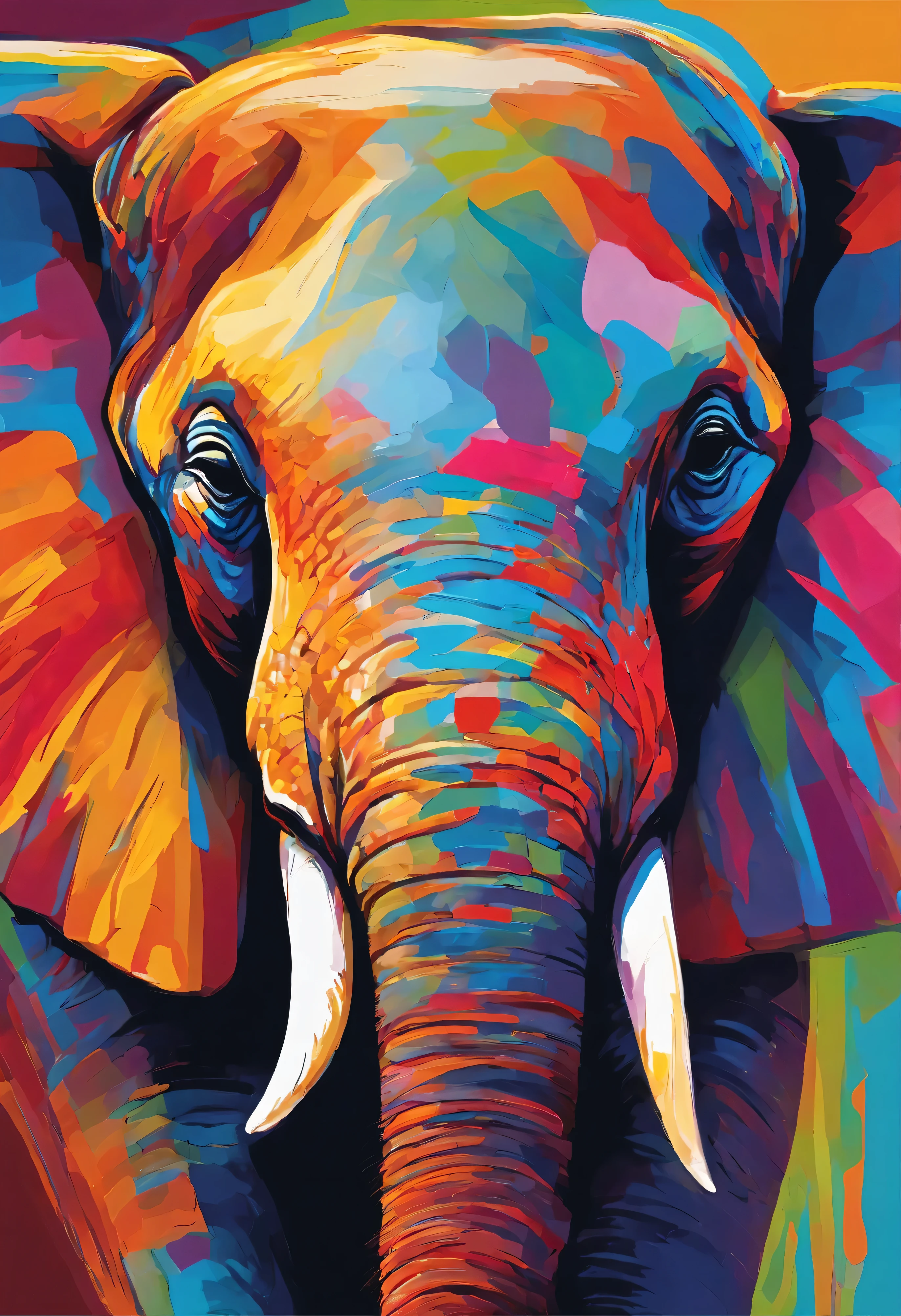 close up of elephant face half merged with background. vivid bright colours, abstract lines