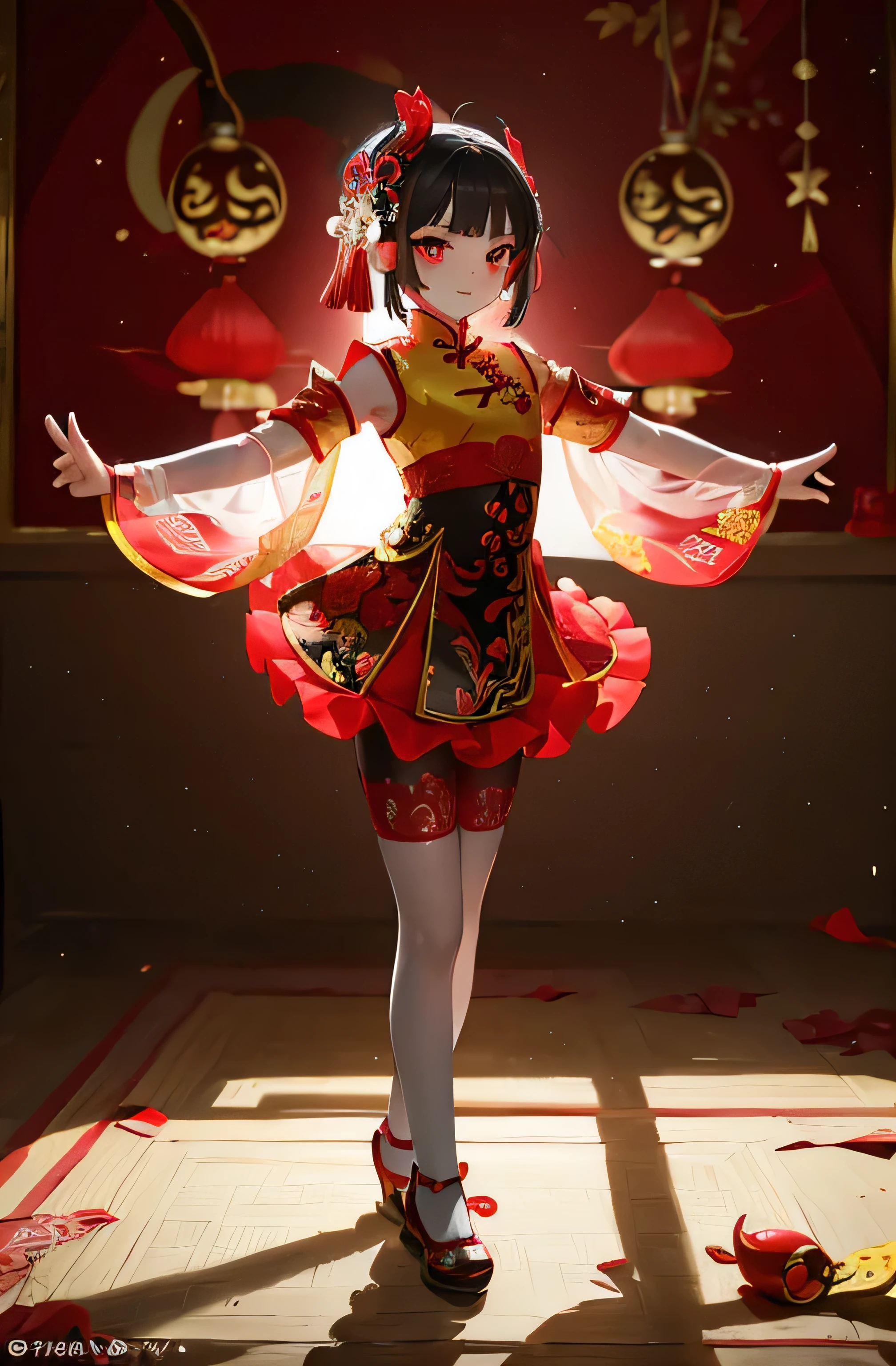 shadow play,Paper-cut Peking Opera, Little girl made with shadow play, Colorful clothing, Hollow red and yellow combination leggings short skirt hollow pattern puppet, Chinese Arts,Dressed in Chinese shadow play clothes, Little girl dancing, Asian Art, Chinese opera elements, Adorable shadow play Costume for Kids,Fashion Design Based on China's shadow play, Dancing full body picture, Full-length color profile, Very interesting shadow play for little girls colorful Chinese shadow play shape,Cartoon Costume Fun,colorful, Colorful shadow play oil and watercolor painting