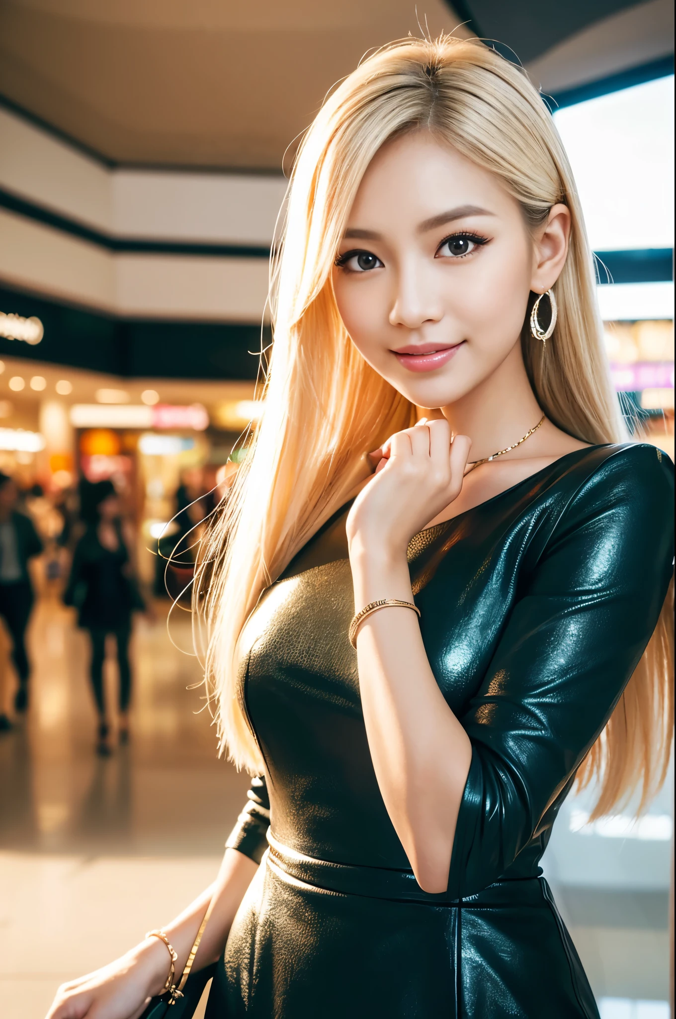 (best quality, 4k ,8k, highres, masterpiece:1.2), ultra-detailed, (realistic, photorealistic, photo-realistic:1.37), closeup, beautiful Thai woman, beautiful smile, long lashes, beautiful makeup, platinum blonde hair, fair skin, slender figure, elegant posture, wearing large sparkling colorful jewelery, wearing a business style black leather dress, standing in a large shopping mall, gentle sunlight shining through the shopping mall windows, casting a soft glow on her face, adding warmth to the scene, vibrant colors, capturing the essence of vibrant city life, portrait style, showcasing her natural beauty and grace in a feminine way. 