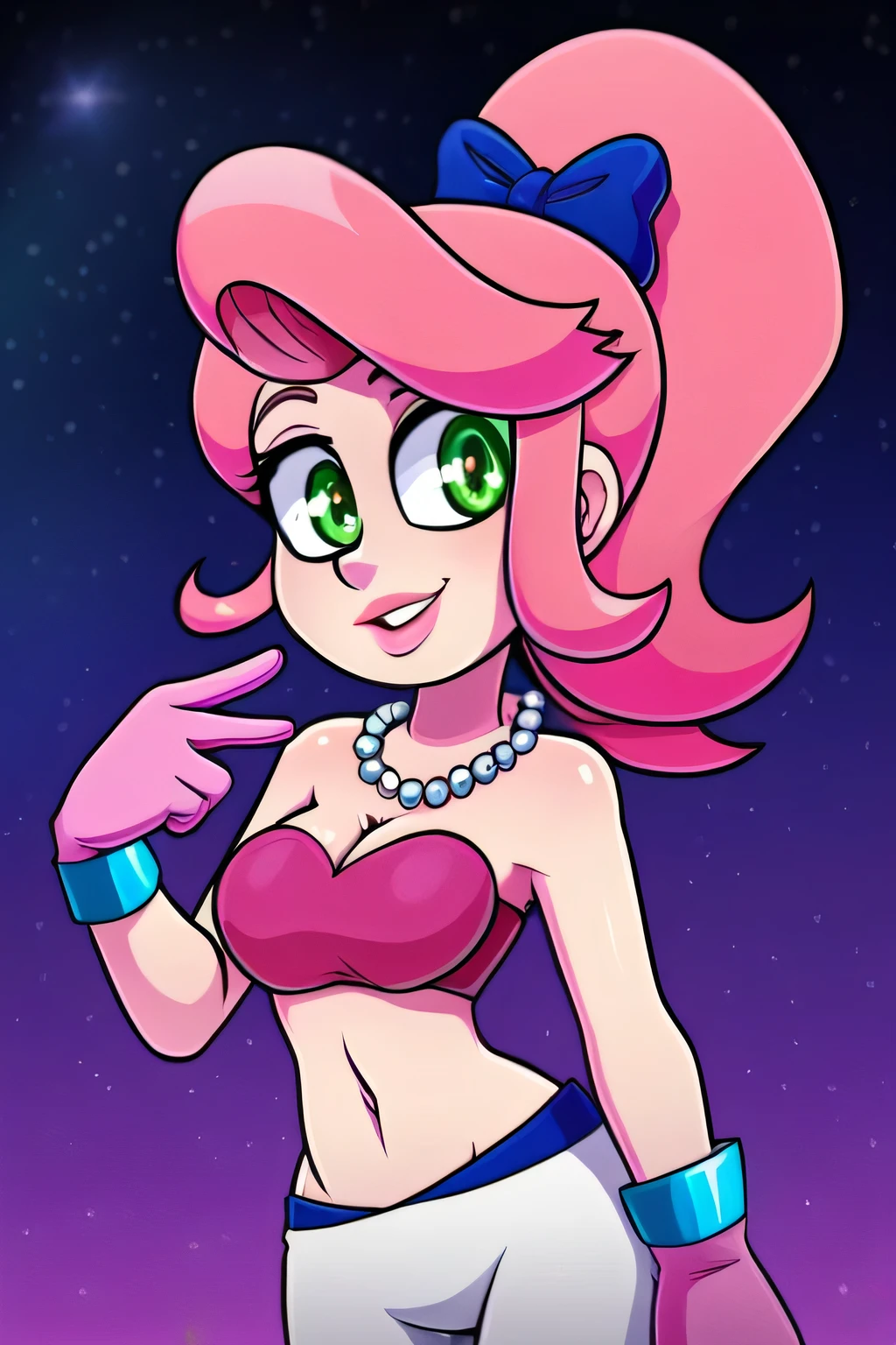 A tall woman huge sexy strict confidence smiles good kind psychopaths long pink hair tangled and noodle-like pink hair, she is tied in a ponytail with a bow her green round eye she wears elegant pink top shows navel and a pink miniskirt put pink glove blue bracelet hand put pearl blue necklace neck