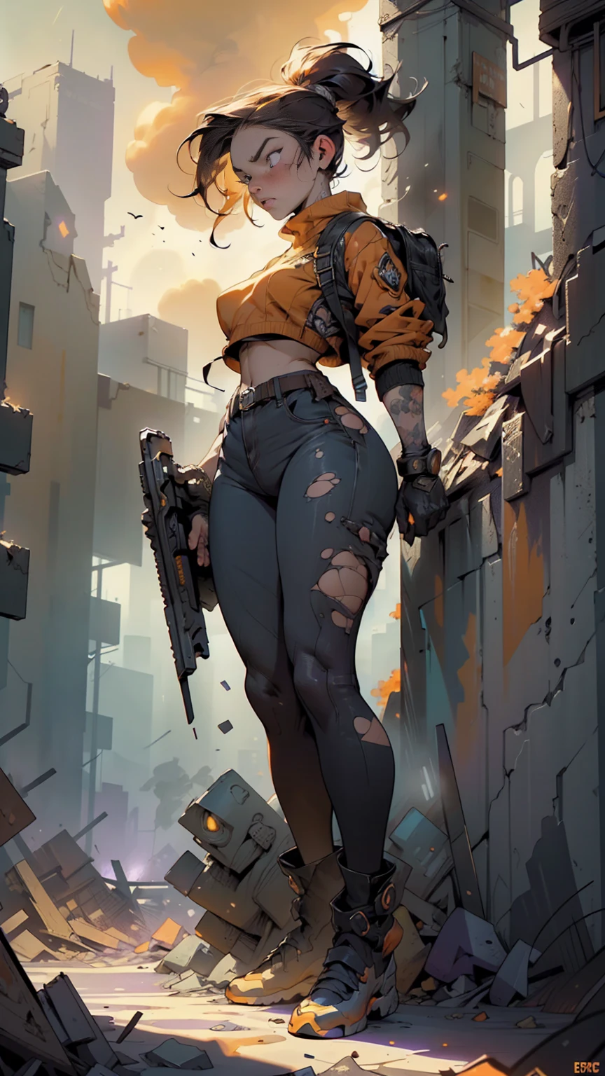dark and torn, ung beautiful muscular body, fierce expression, holding a gun, (colors on her clothes, warm, orange, yellow, violet:1.3), standing on a desolate wasteland, dramatic lighting, intense shadows, sandy texture, tall contrast, vibrant colors, dynamic pose, powerful stance, rugged background, explosive atmosphere, dystopian theme, surreal elements, digitally painted illustration, HD resolution, intricate details, dramatic composition, avant-garde and chaotic brush strokes, gothic style, intense emotions, epic scale, raw and gritty feel, captivating and provocative artwork.