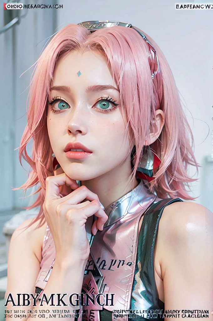 young woman, short shoulder-length pink hair, wide forehead, porcelain skin, pink eyebrows, big emerald green eyes, buttoned nose, full lips, heart-shaped face, slender body, small breasts, red tank top, Sakura Haruno , realistic, realism, details, 3d, well detailed
