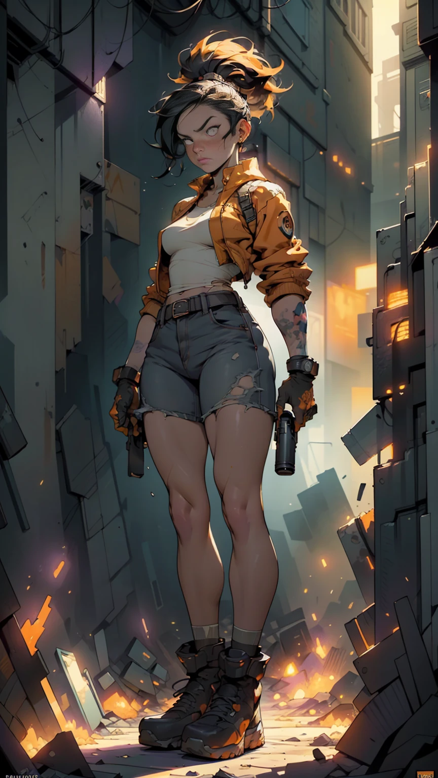 dark and torn, 1 young beautiful muscular body, fierce expression, holding a gun, (colors on her clothes, warm, orange, yellow, violet:1.3), standing on a desolate wasteland, dramatic lighting, intense shadows, sandy texture, tall contrast, vibrant colors, dynamic pose, powerful stance, rugged background, explosive atmosphere, dystopian theme, surreal elements, digitally painted illustration, HD resolution, intricate details, dramatic composition, avant-garde and chaotic brush strokes, gothic style, intense emotions, epic scale, raw and gritty feel, captivating and provocative artwork.