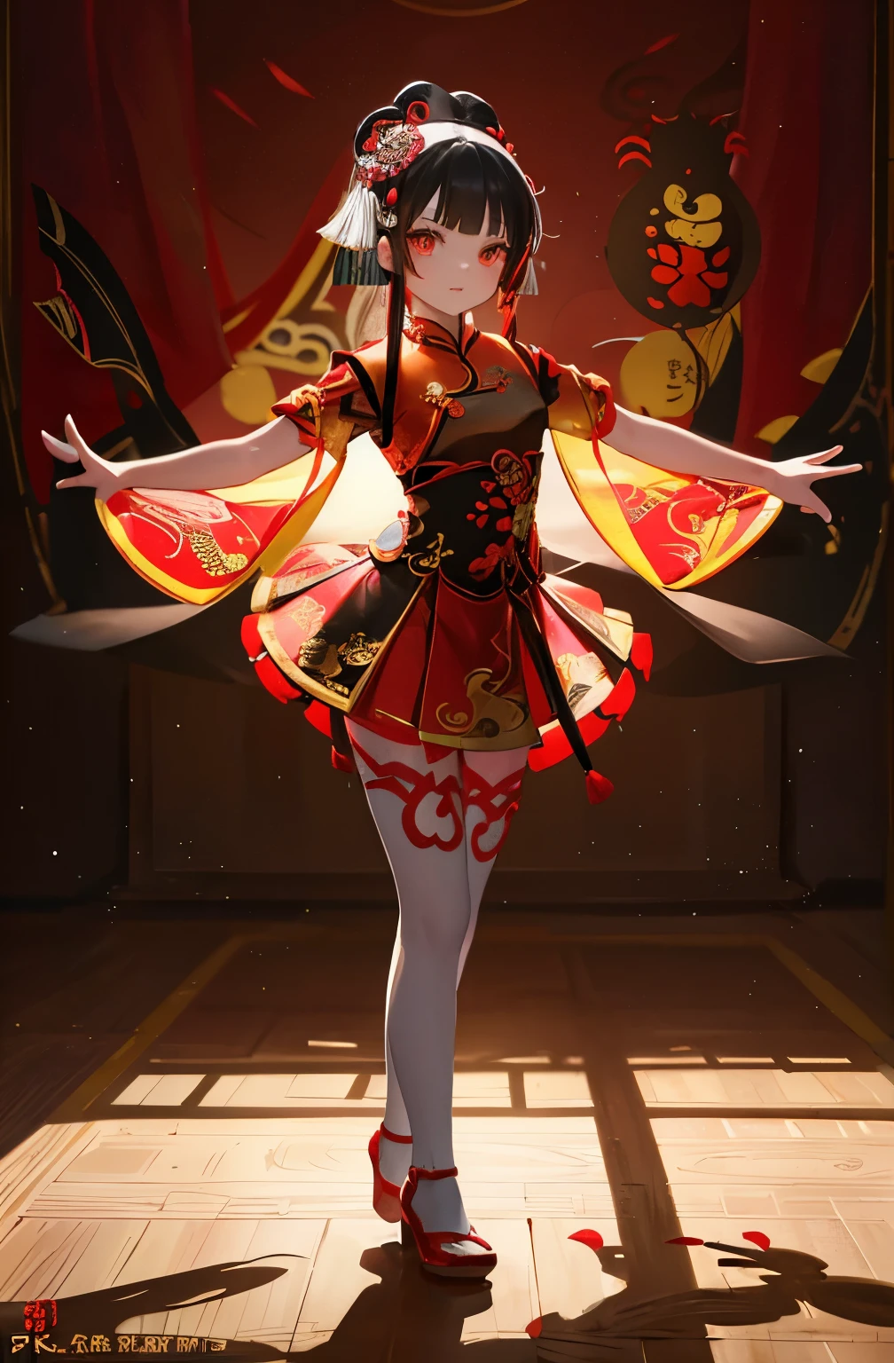 shadow play,Paper-cut Peking Opera, Little girl made with shadow play, Colorful clothing, Hollow red and yellow combination leggings short skirt hollow pattern puppet, Chinese Arts,Dressed in Chinese shadow play clothes, Little girl dancing, Asian Art, Chinese opera elements, Adorable shadow play Costume for Kids,Fashion Design Based on China's shadow play, Dancing full body picture, Full-length color profile, Very interesting shadow play for little girls colorful Chinese shadow play shape,Cartoon Costume Fun,colorful, Colorful shadow play 油画 水彩画法